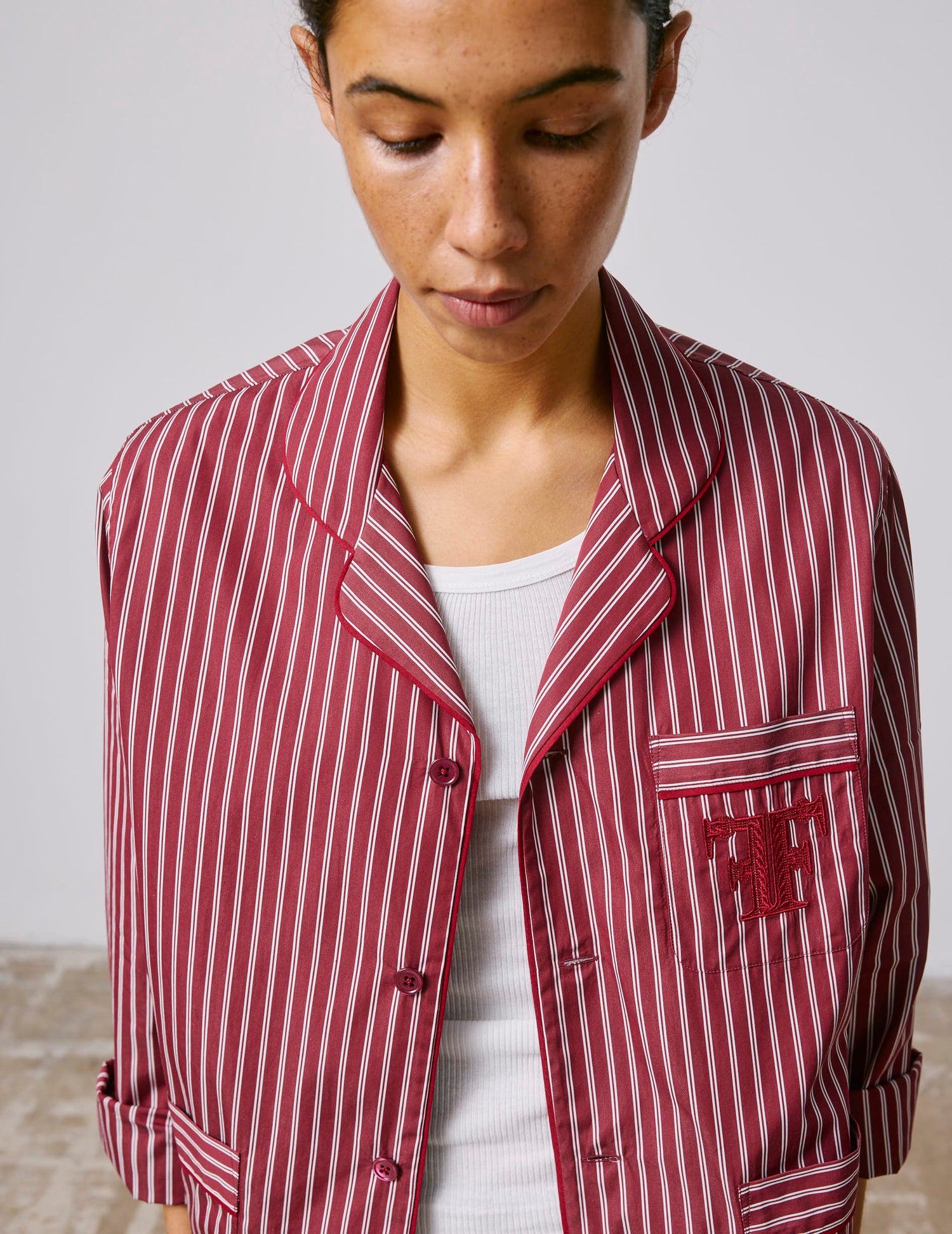 Striped burgundy Nocturne pajama top - Poplin - Pyjamas Collar#7