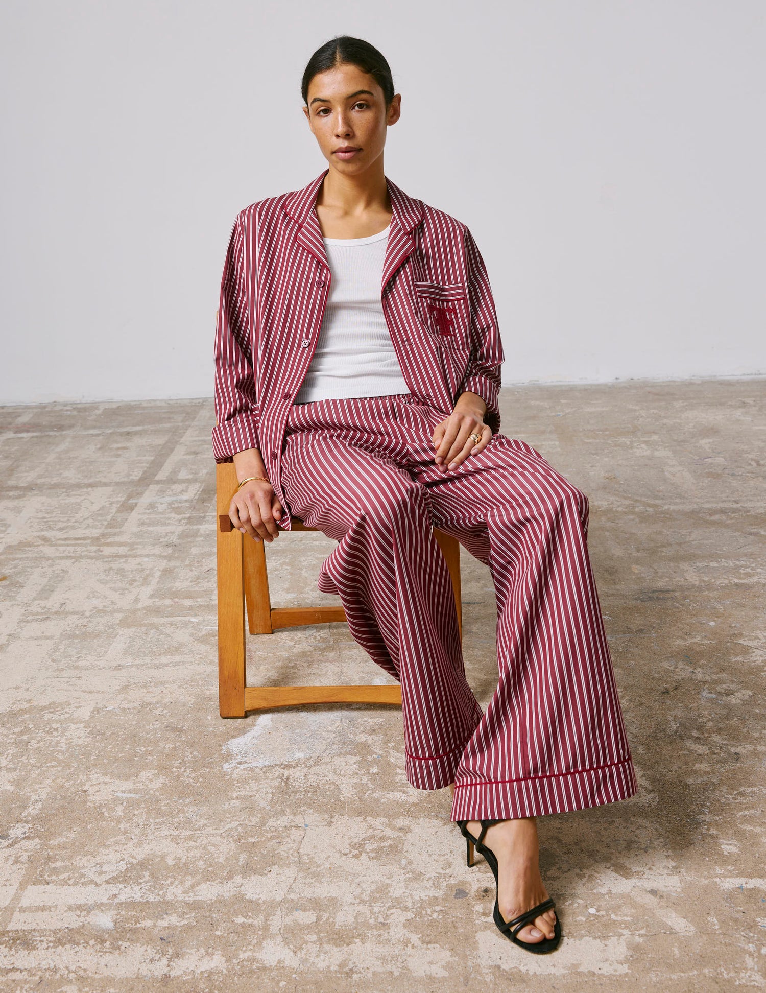 Striped burgundy Nocturne pajama top - Poplin - Pyjamas Collar#8