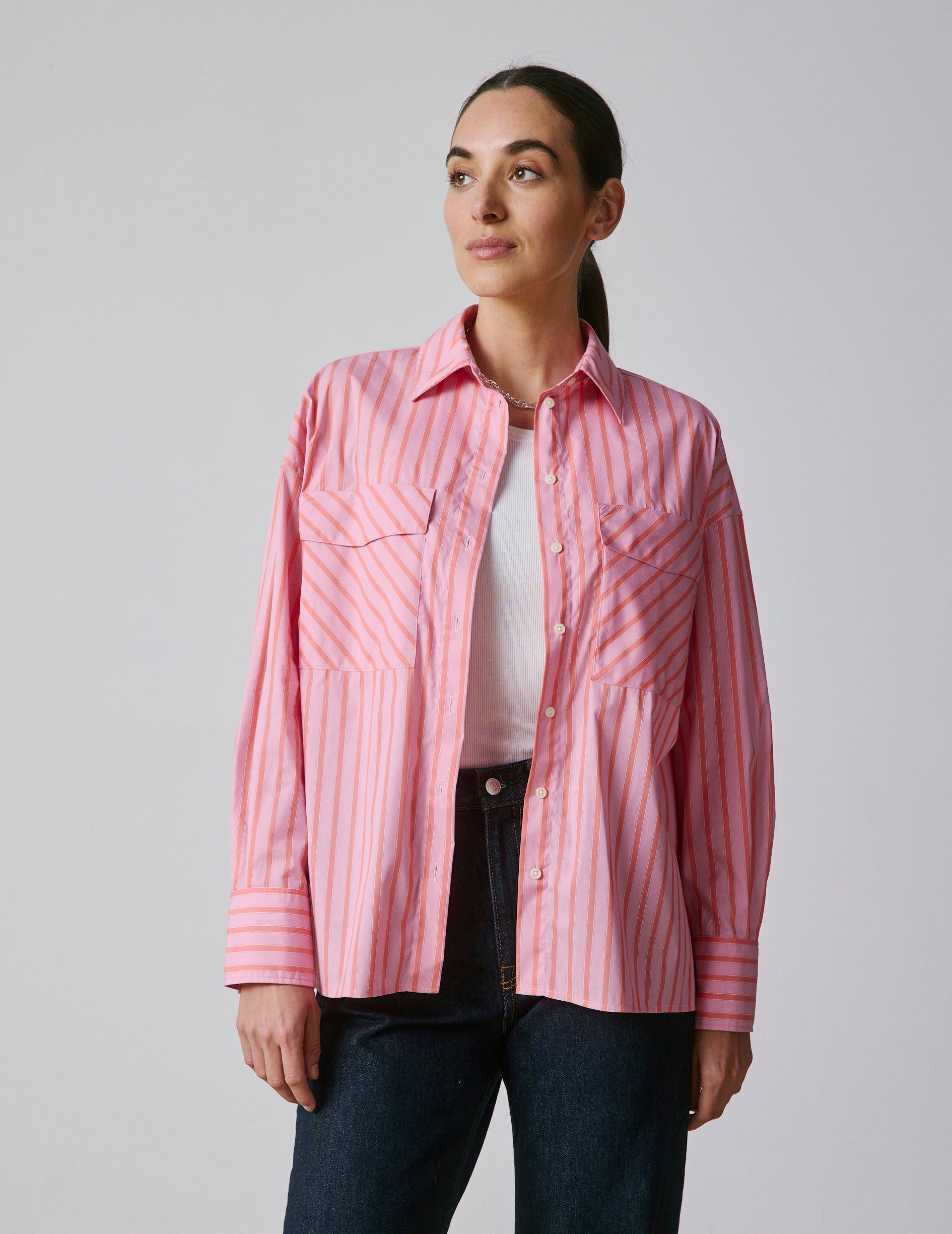 Striped pink Noémia shirt - Poplin - Shirt Collar