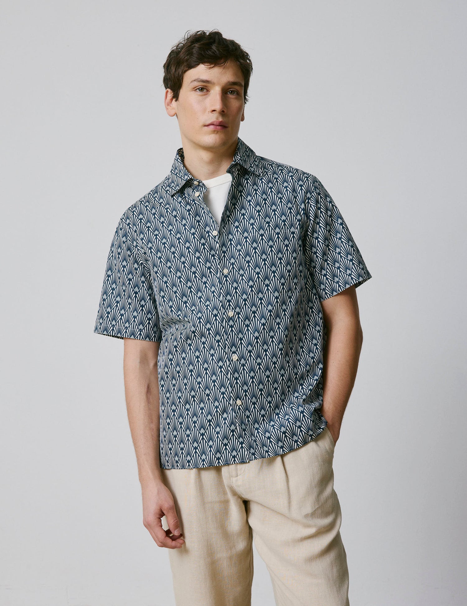 Short-sleeved printed blue Nolhann shirt  - Poplin - French Collar