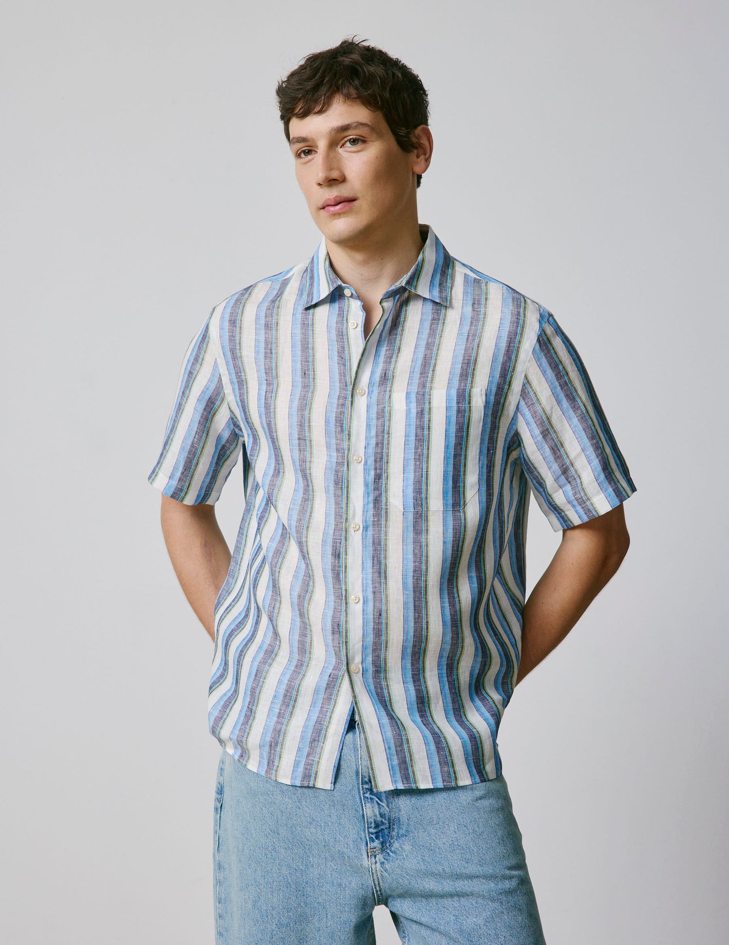 Blue linen short-sleeved Nolhann shirt - Linen - French Collar