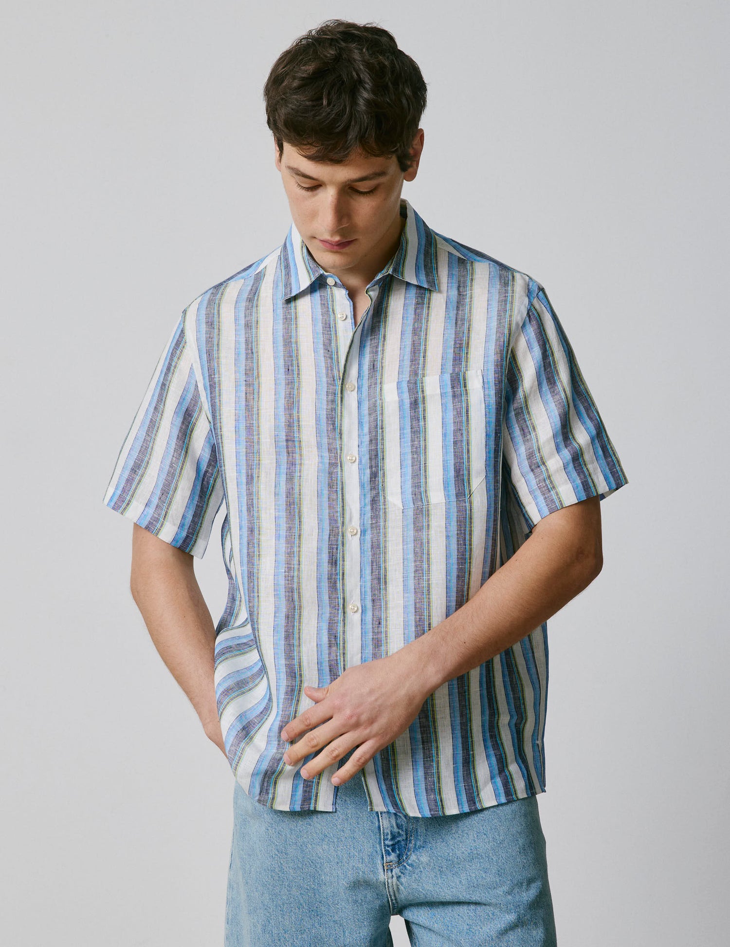 Blue linen short-sleeved Nolhann shirt - Linen - French Collar#3