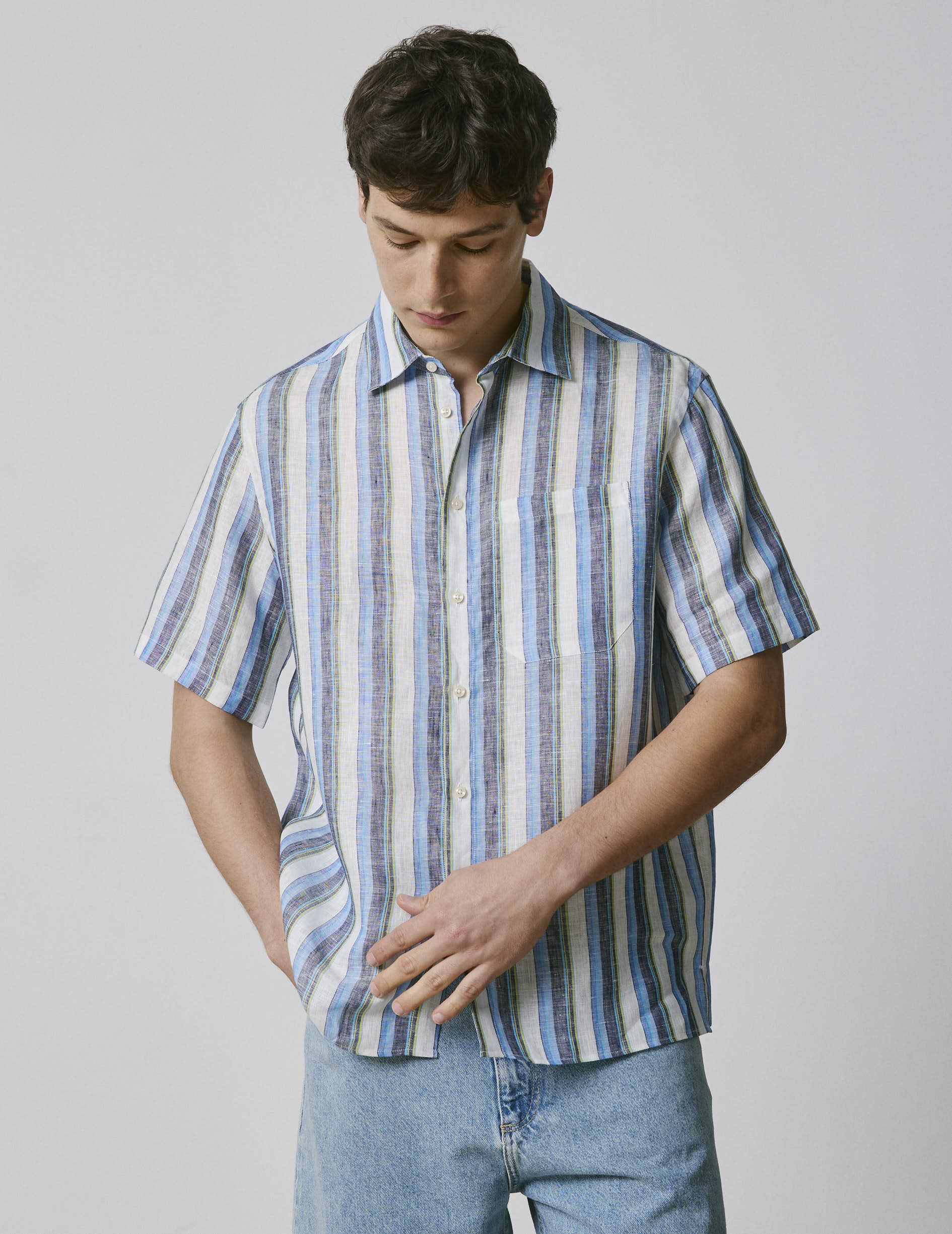 Blue linen short-sleeved Nolhann shirt - Linen - French Collar