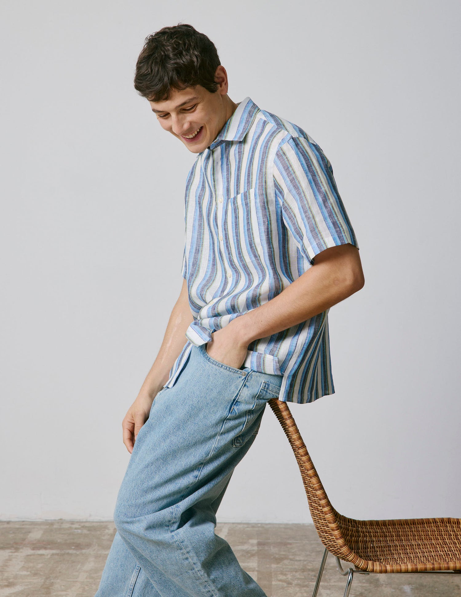 Blue linen short-sleeved Nolhann shirt - Linen - French Collar#4