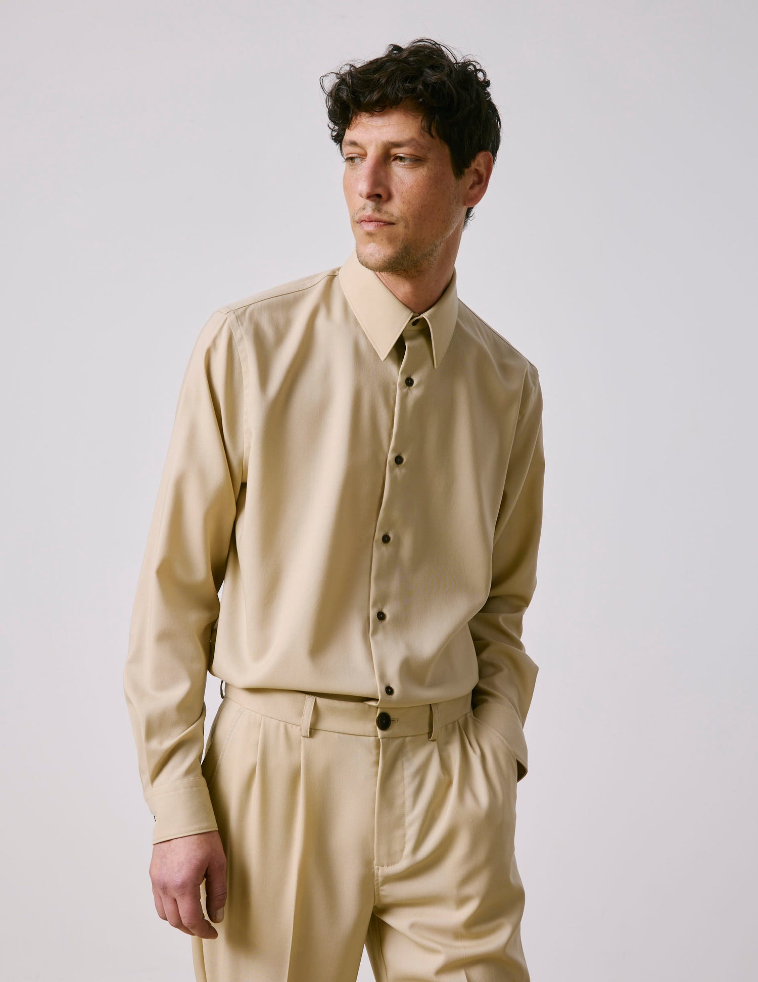 Beige virgin wool semi-fitted shirt - Toile - Somptueux Collar#2