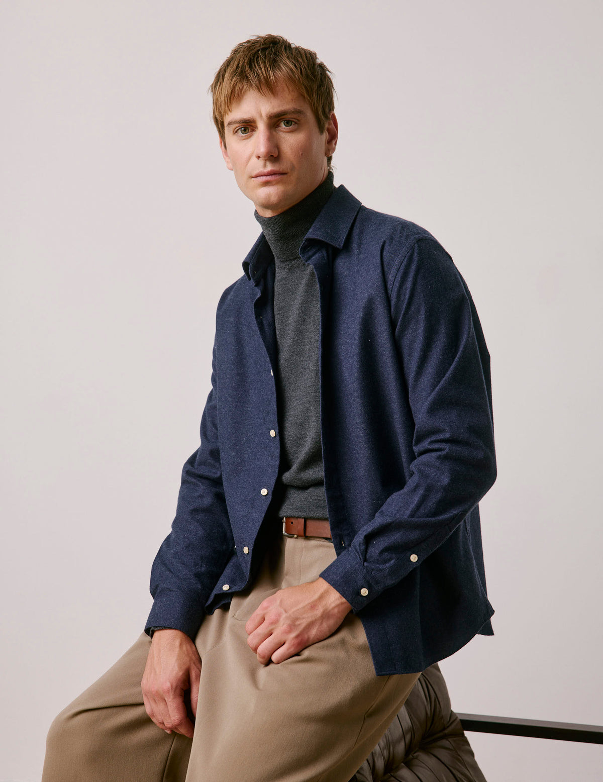 Navy blue flannel and cashmere Auguste shirt - Flannel - French Collar