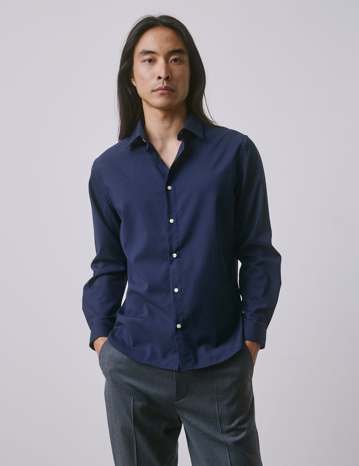 Navy blue virgin wool Auguste shirt - Wool - French Collar