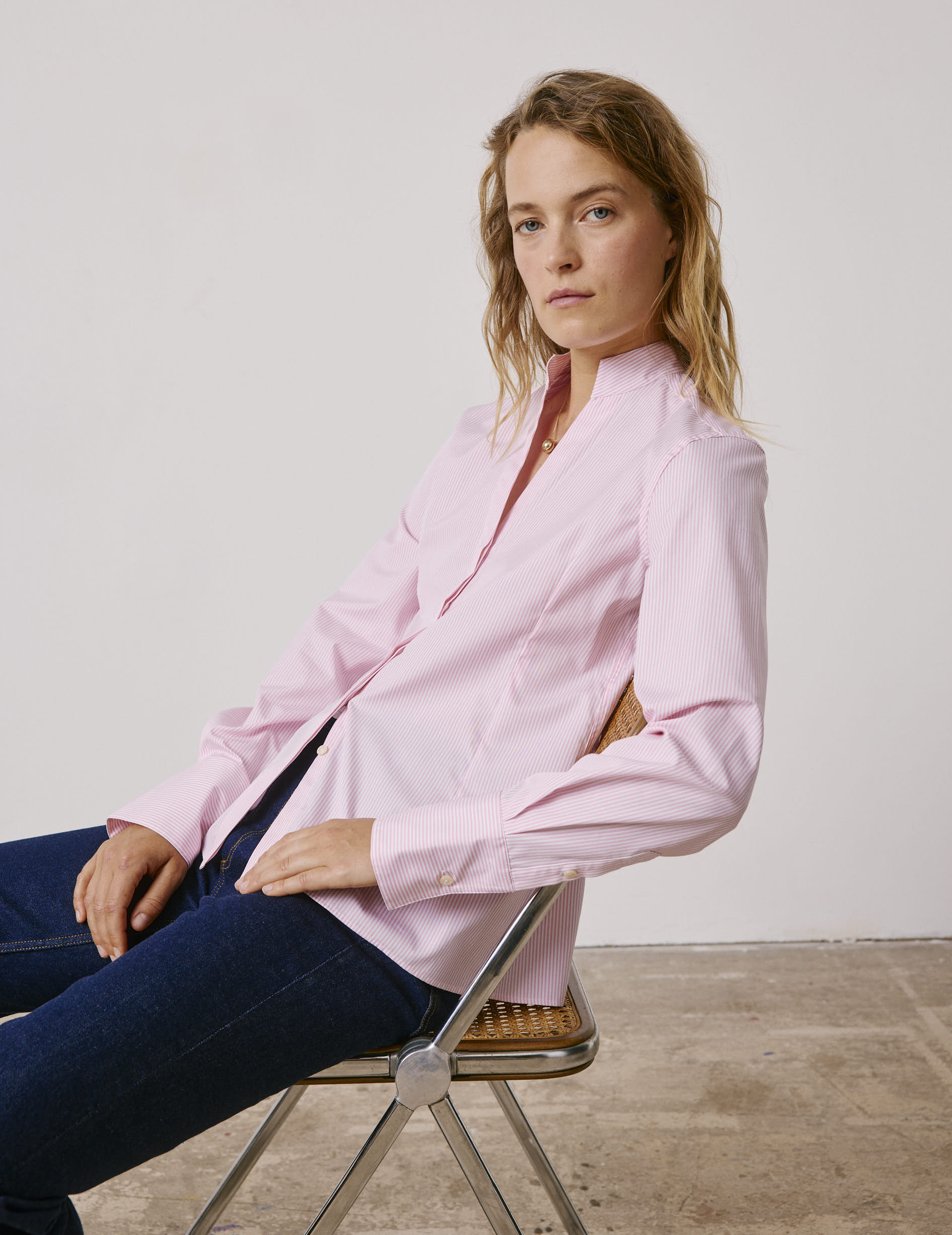 Pink striped Carlita shirt - Poplin - Open right Collar