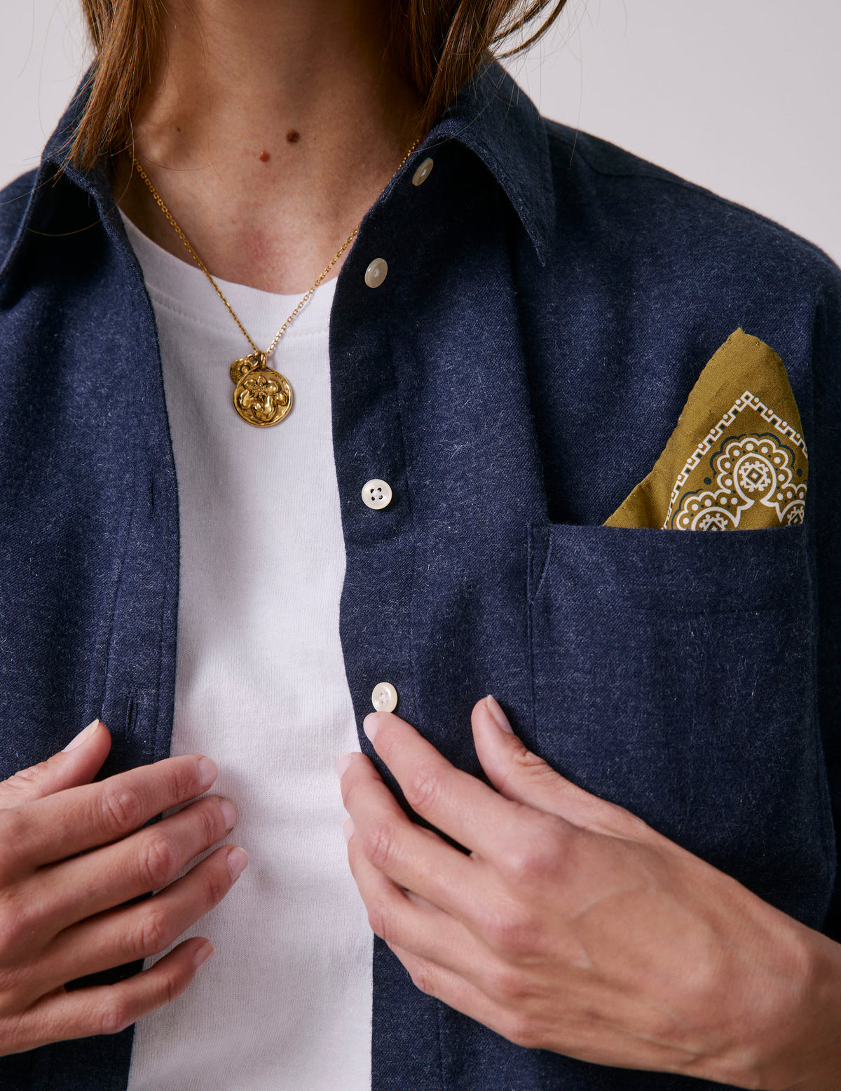 Navy blue flannel and cashmere Charlotte shirt - Flannel - Shirt Collar#3
