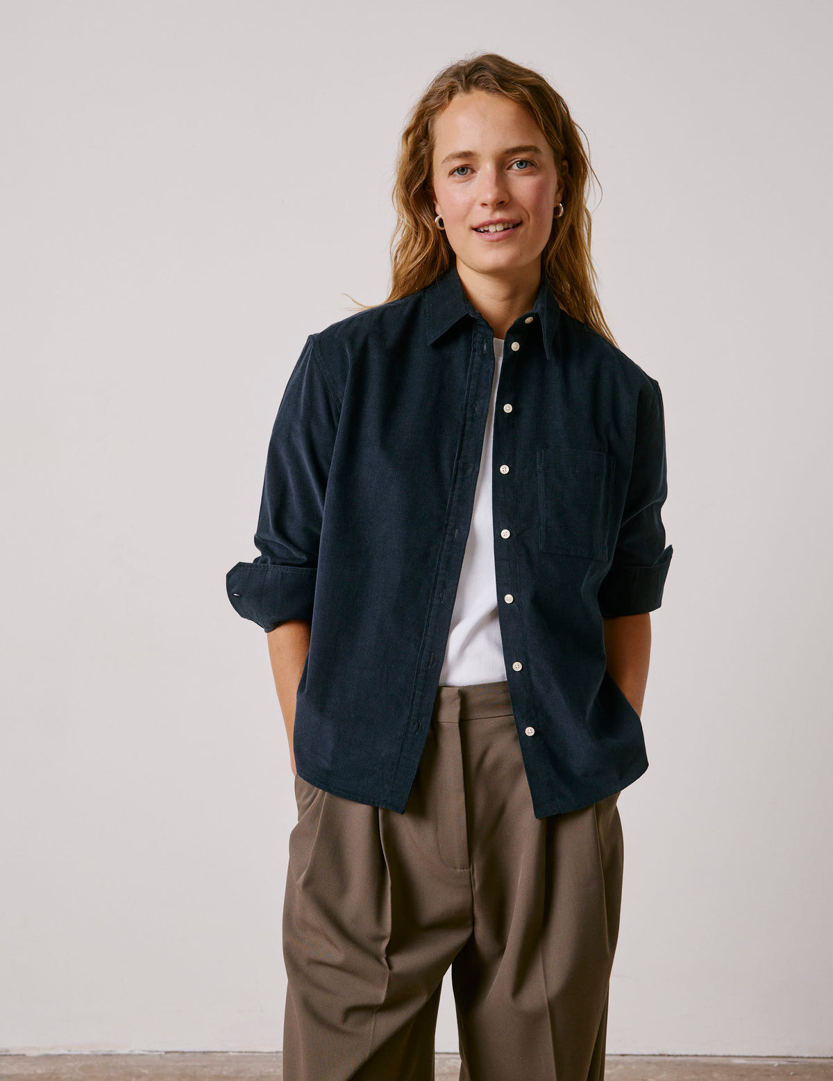 Navy blue velvet Charlotte shirt - Velvet - Shirt Collar