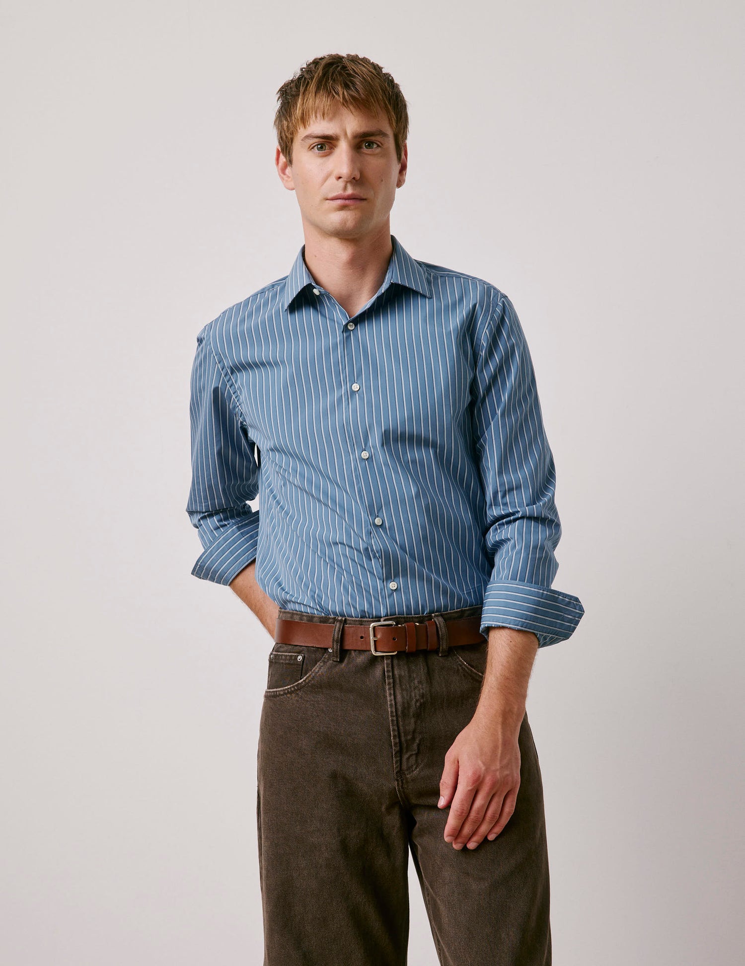 Semi-fitted blue striped shirt - Poplin - Figaret Collar