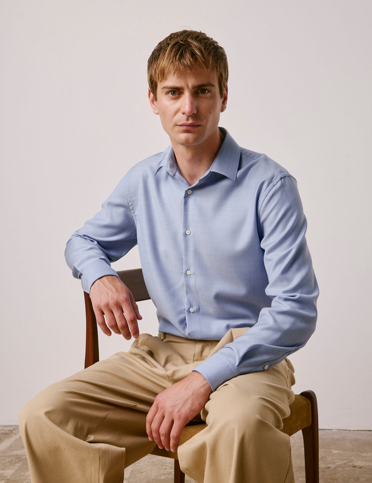 Semi-fitted blue virgin wool shirt - Wool - Figaret Collar