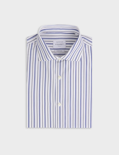 Semi-fitted navy blue striped shirt