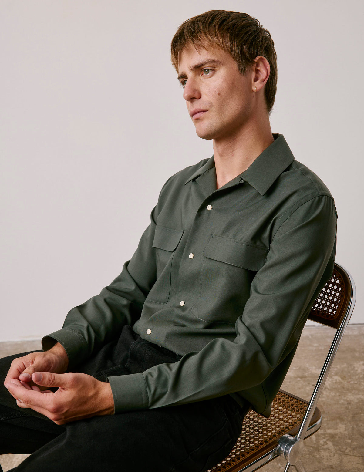 Khaki virgin wool Ivano shirt - Wool - Cuban with bridle Collar#3