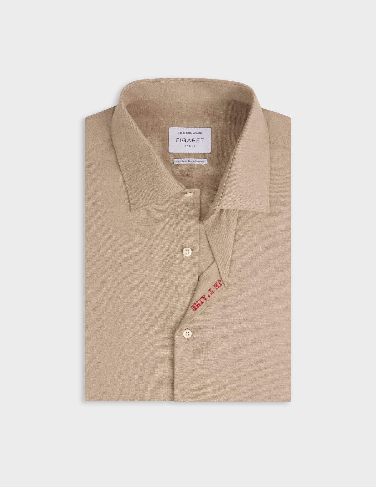 Unisex beige cotton and cashmere “Je t’aime” shirt - Flannel - Figaret Collar#7
