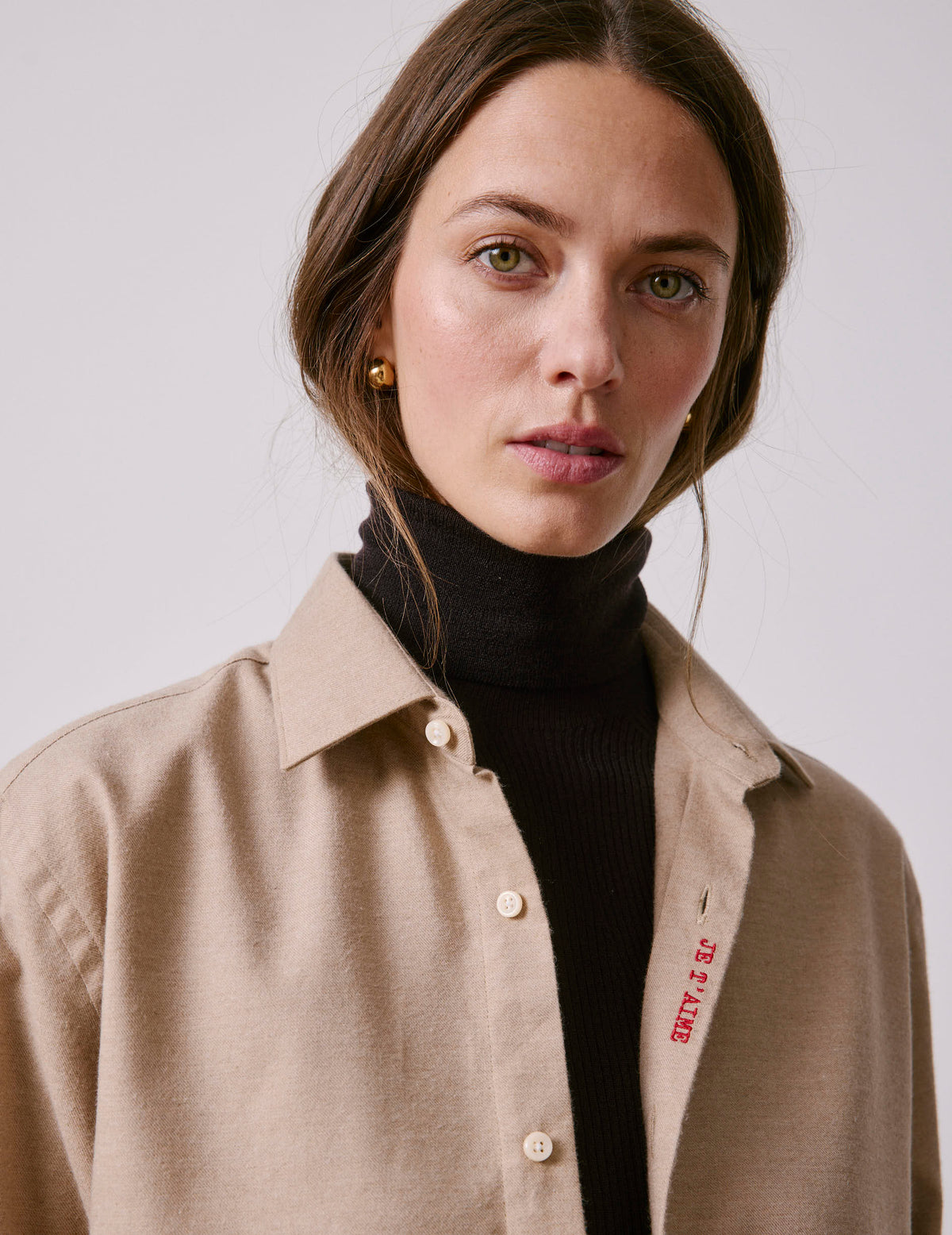 Unisex beige cotton and cashmere “Je t’aime” shirt - Flannel - Figaret Collar#2