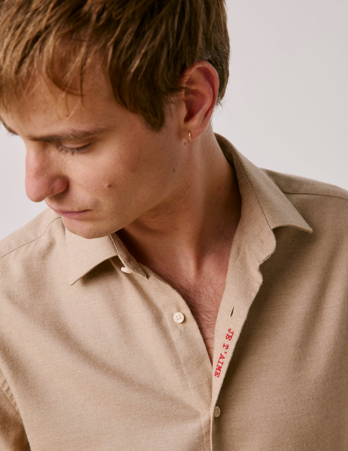 Unisex beige cotton and cashmere “Je t’aime” shirt - Flannel - Figaret Collar