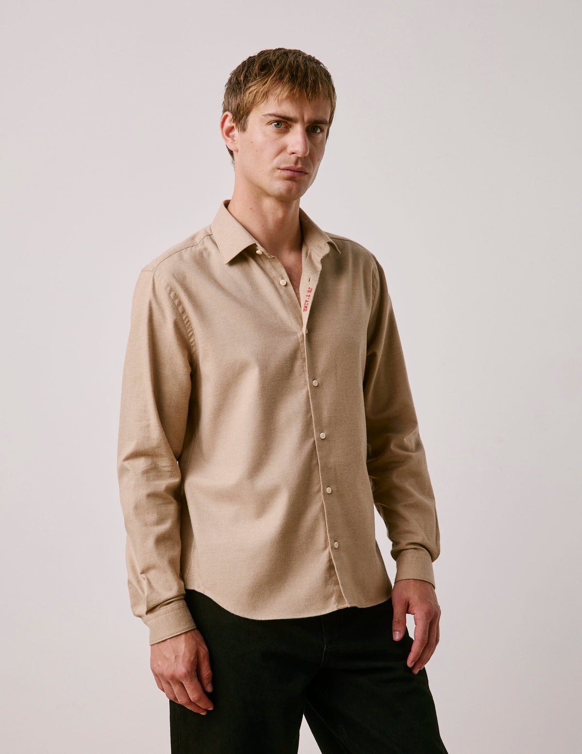 Unisex beige cotton and cashmere “Je t’aime” shirt - Flannel - Figaret Collar#4