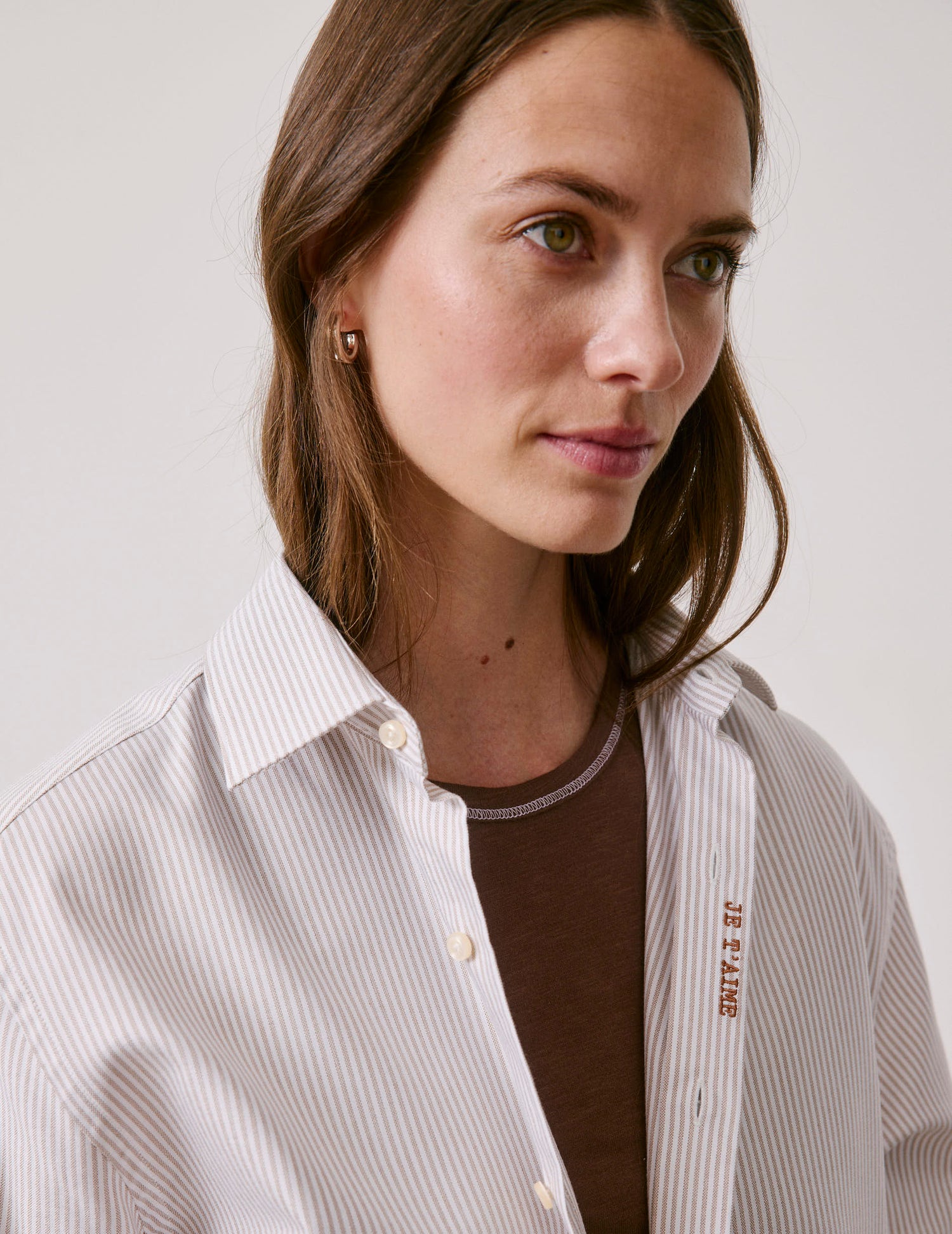 Unisex brown striped “Je t’aime” shirt - Oxford - Figaret Collar#8