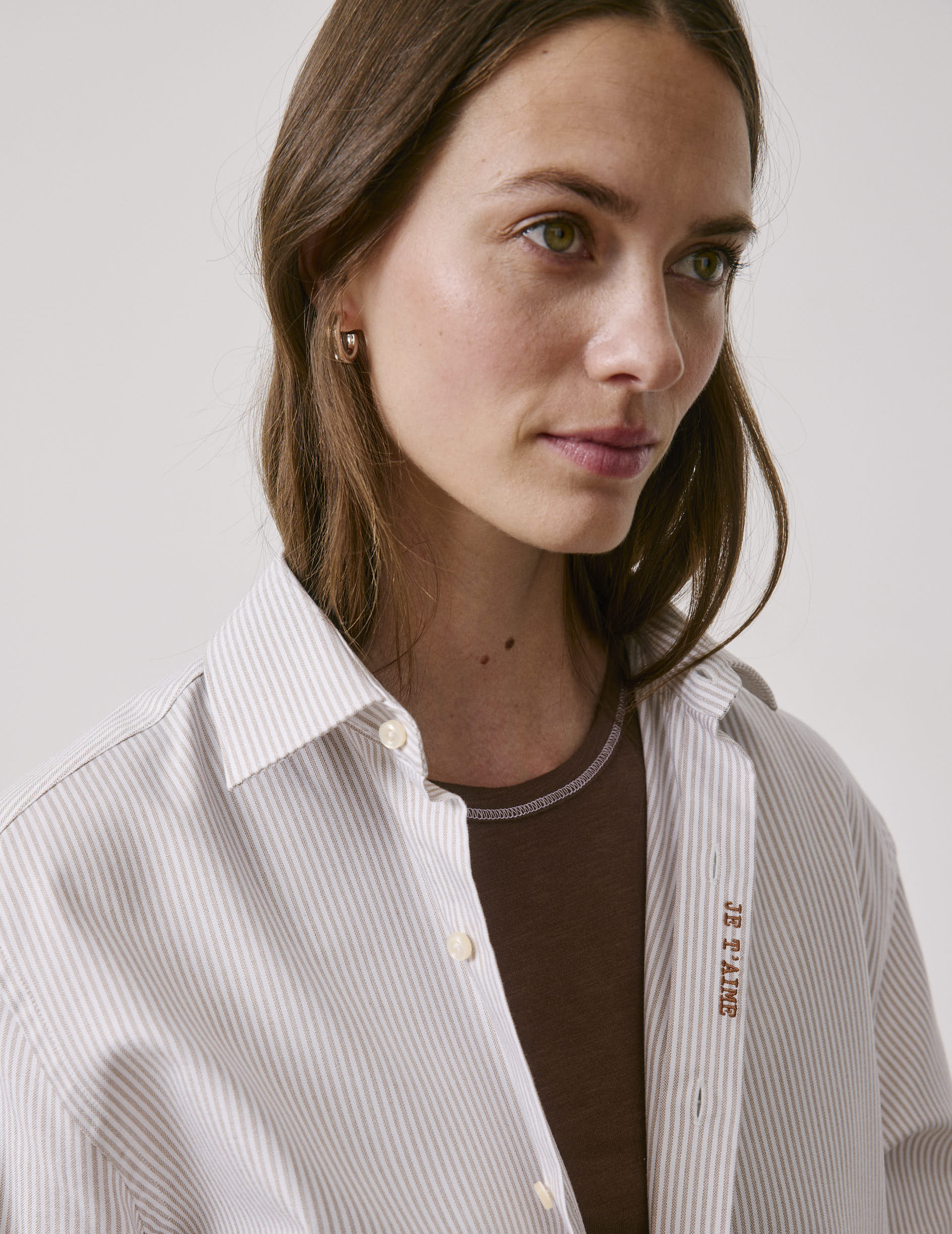Unisex brown striped “Je t’aime” shirt - Oxford - Figaret Collar