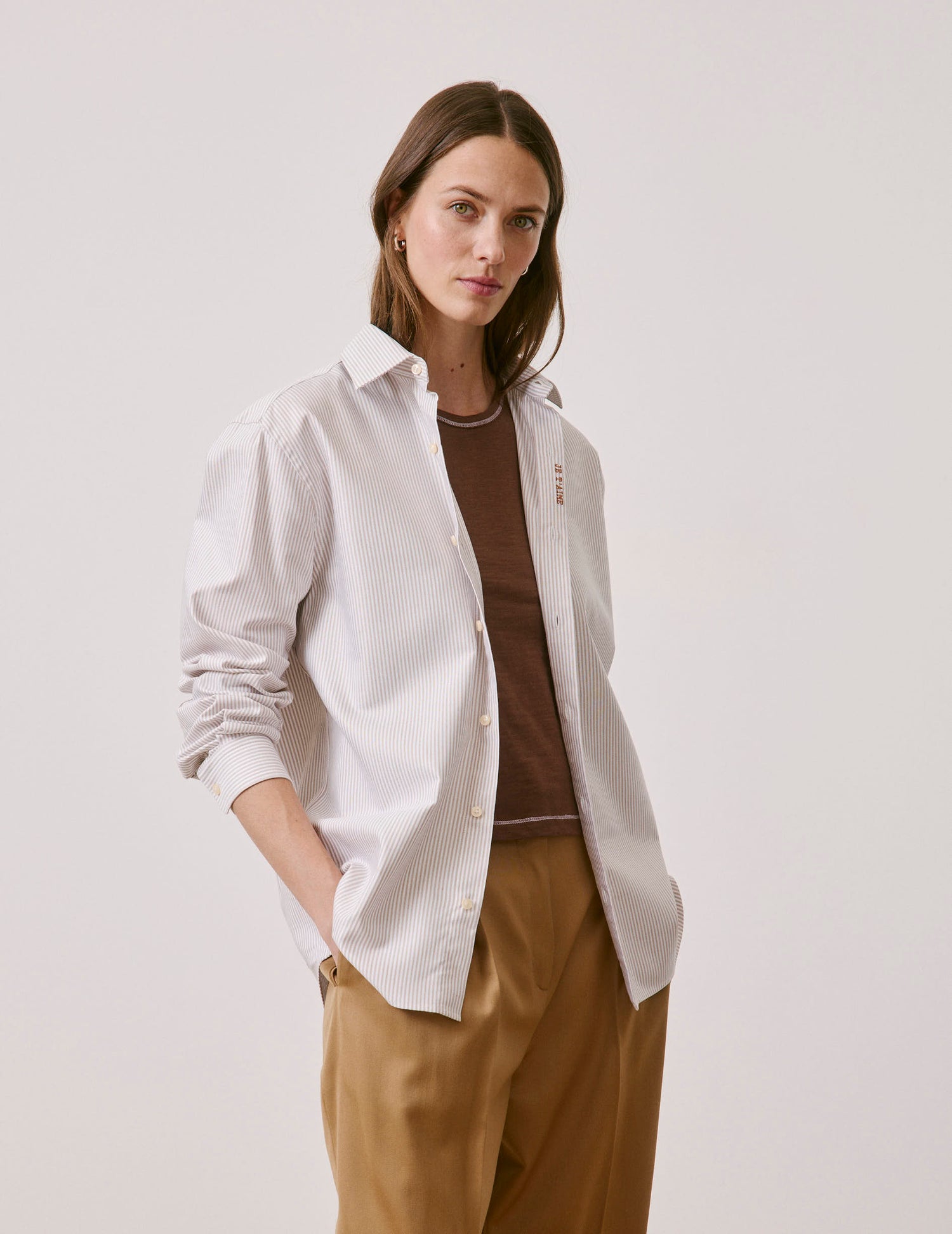 Unisex brown striped “Je t’aime” shirt - Oxford - Figaret Collar#6
