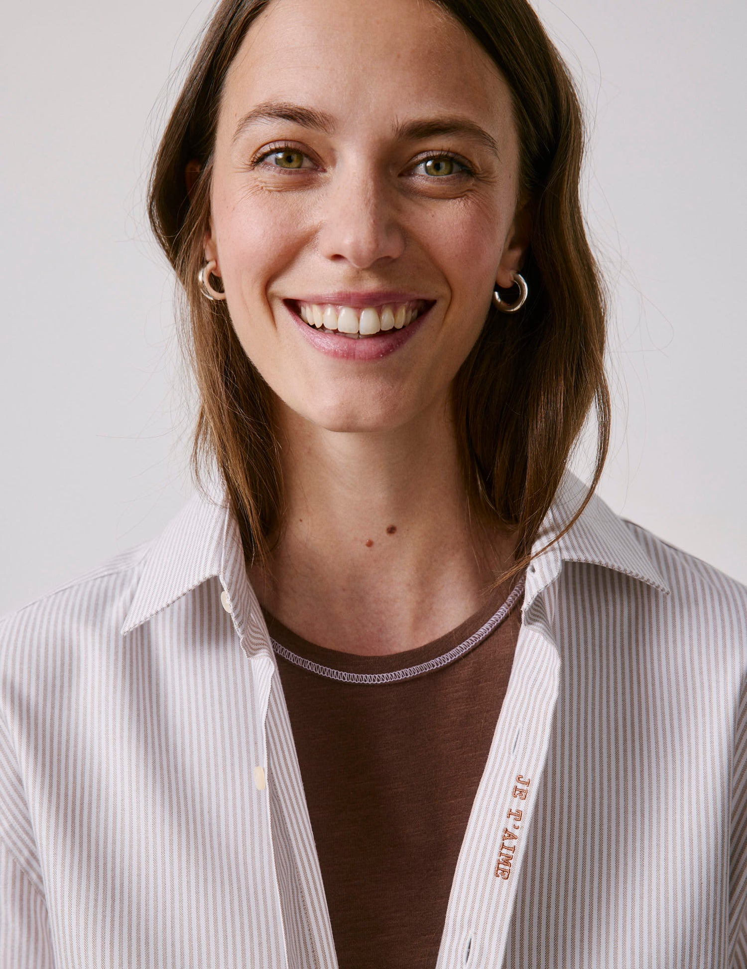 Unisex brown striped “Je t’aime” shirt - Oxford - Figaret Collar