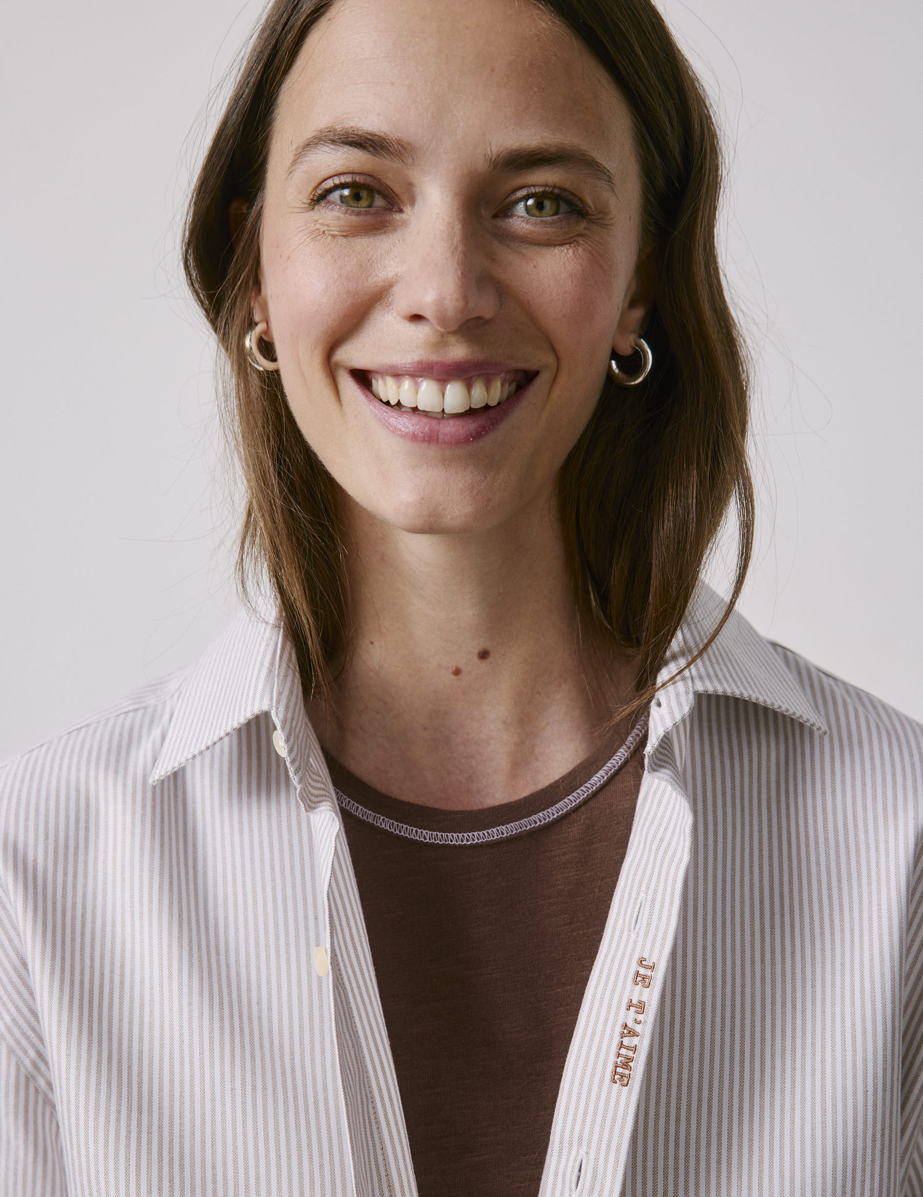Unisex brown striped “Je t’aime” shirt - Oxford - Figaret Collar
