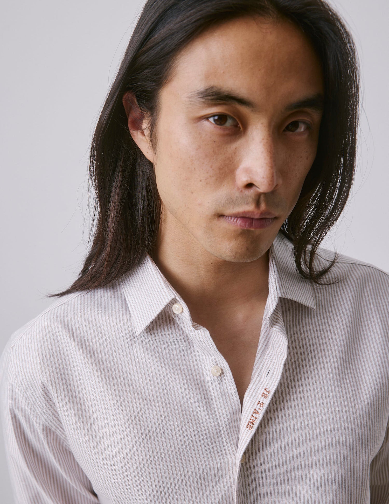 Unisex brown striped “Je t’aime” shirt - Oxford - Figaret Collar#5