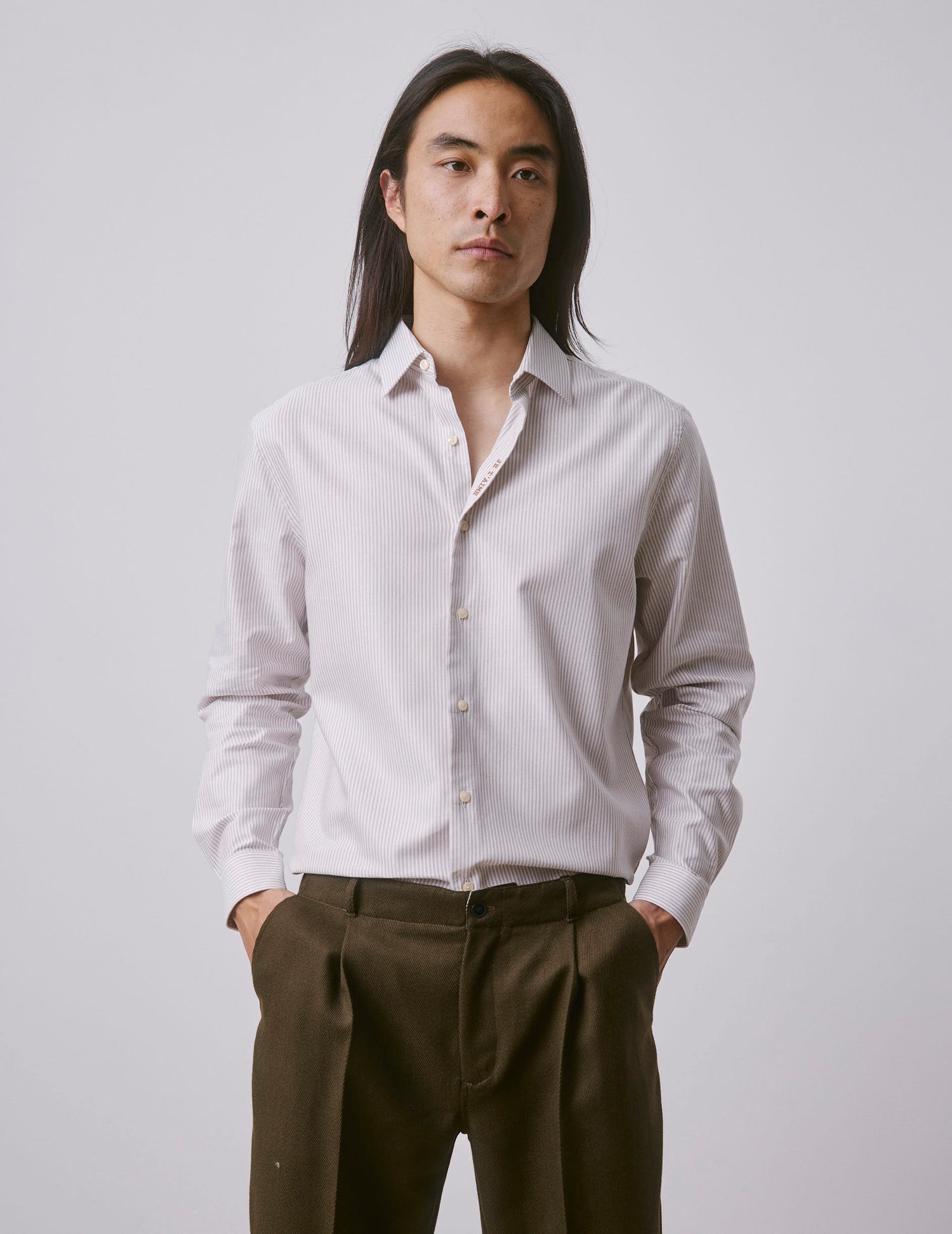 Unisex brown striped “Je t’aime” shirt - Oxford - Figaret Collar#3
