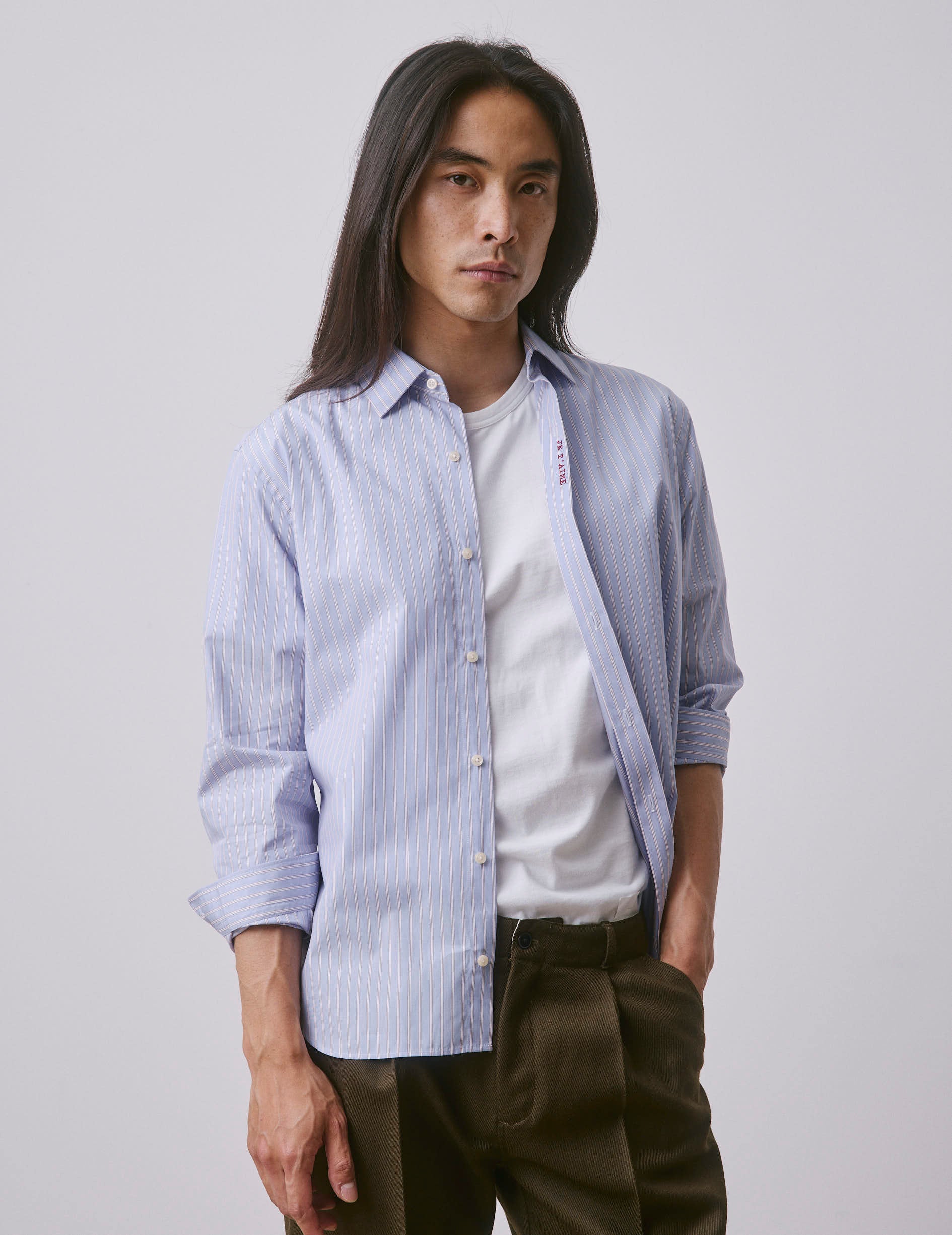 Unisex red striped “Je t’aime” shirt - Poplin - Figaret Collar