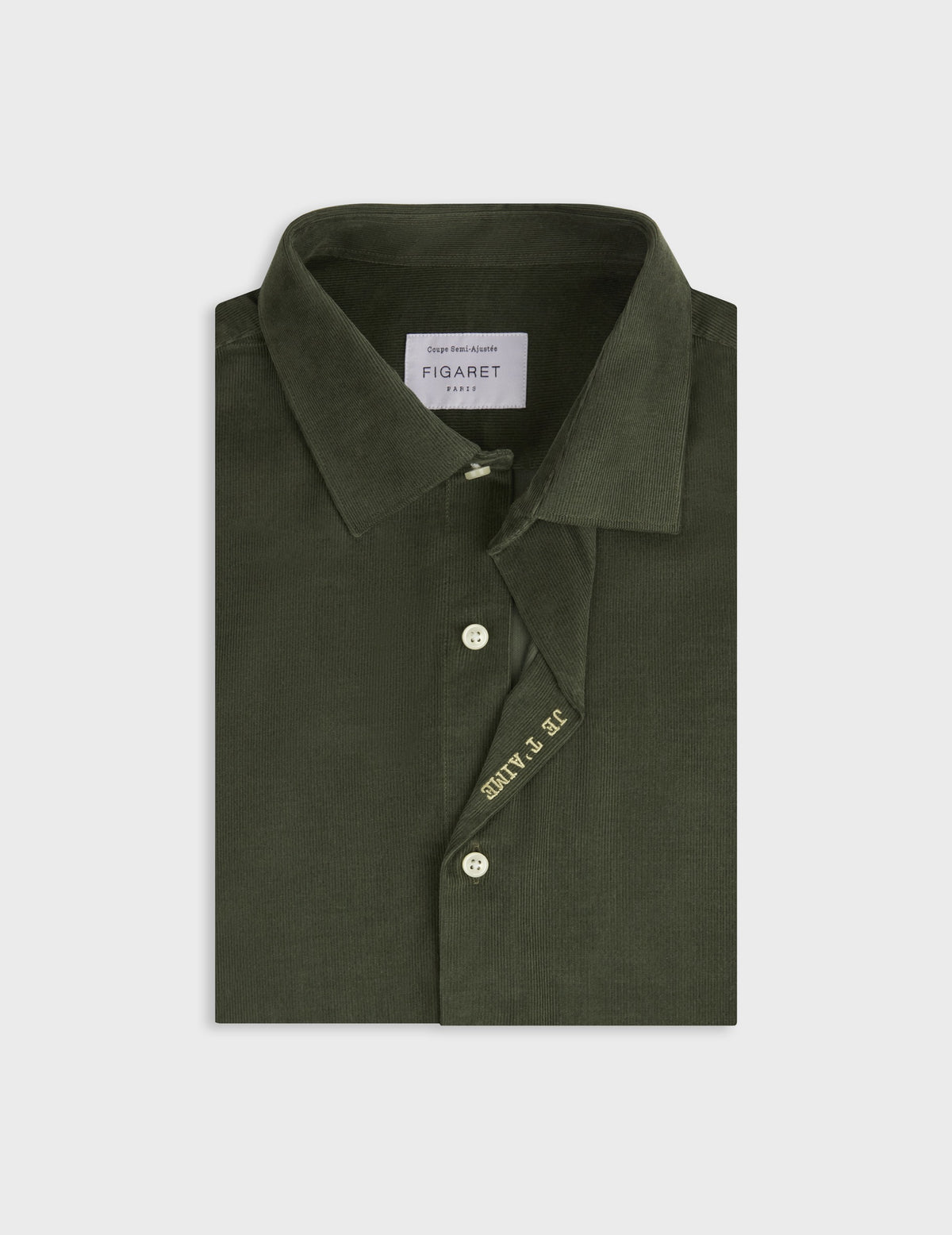 Unisex khaki velvet “Je t’aime” shirt - Velvet - Figaret Collar