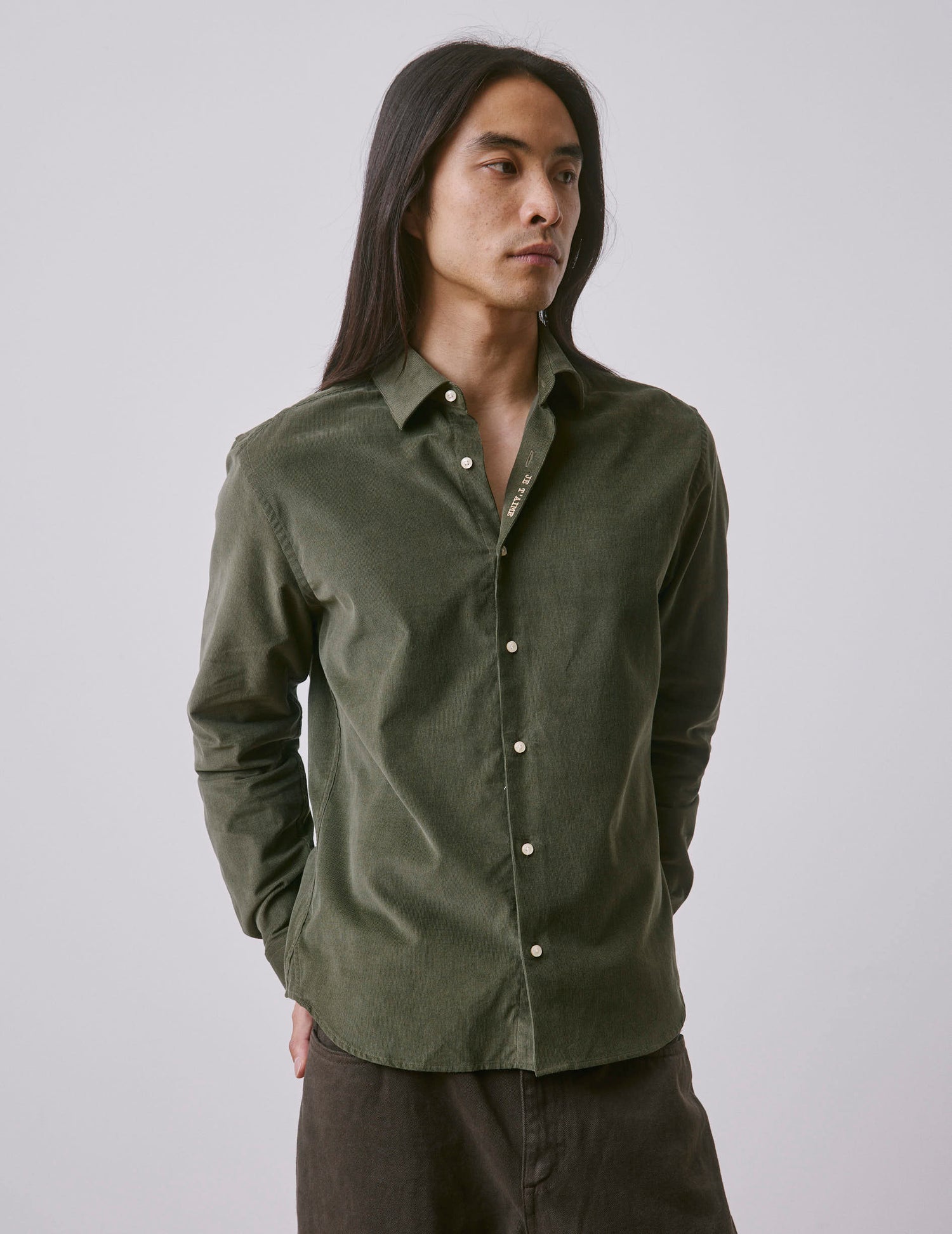 Unisex khaki velvet “Je t’aime” shirt - Velvet - Figaret Collar#3
