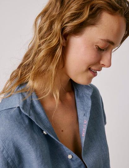 Unisex blue linen “Je t’aime” shirt
