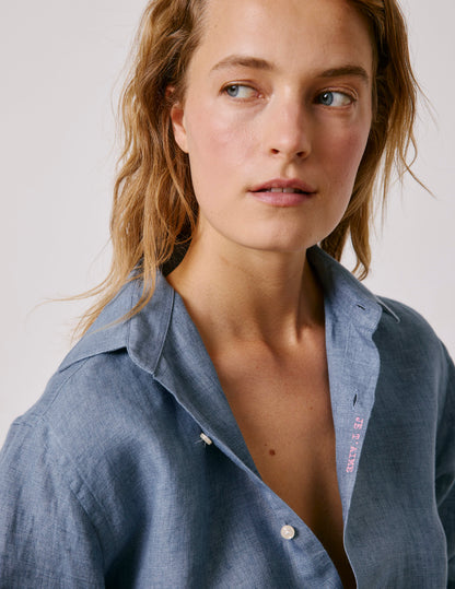 Unisex blue linen “Je t’aime” shirt