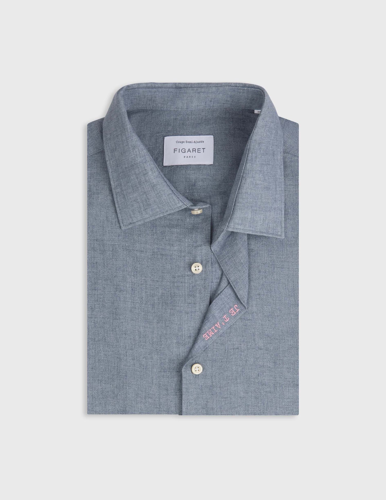 Unisex blue linen “Je t’aime” shirt - Linen - Figaret Collar#8