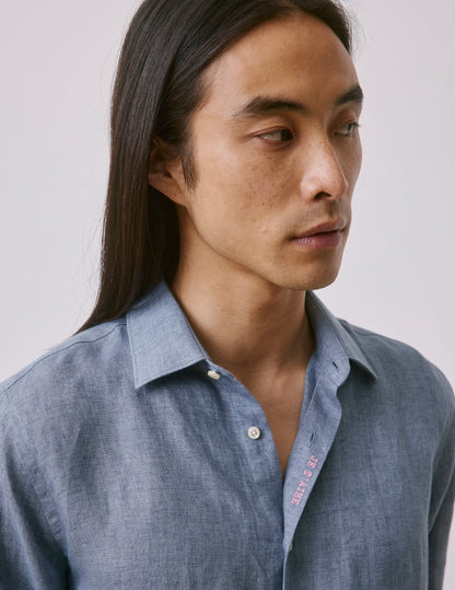 Unisex blue linen “Je t’aime” shirt