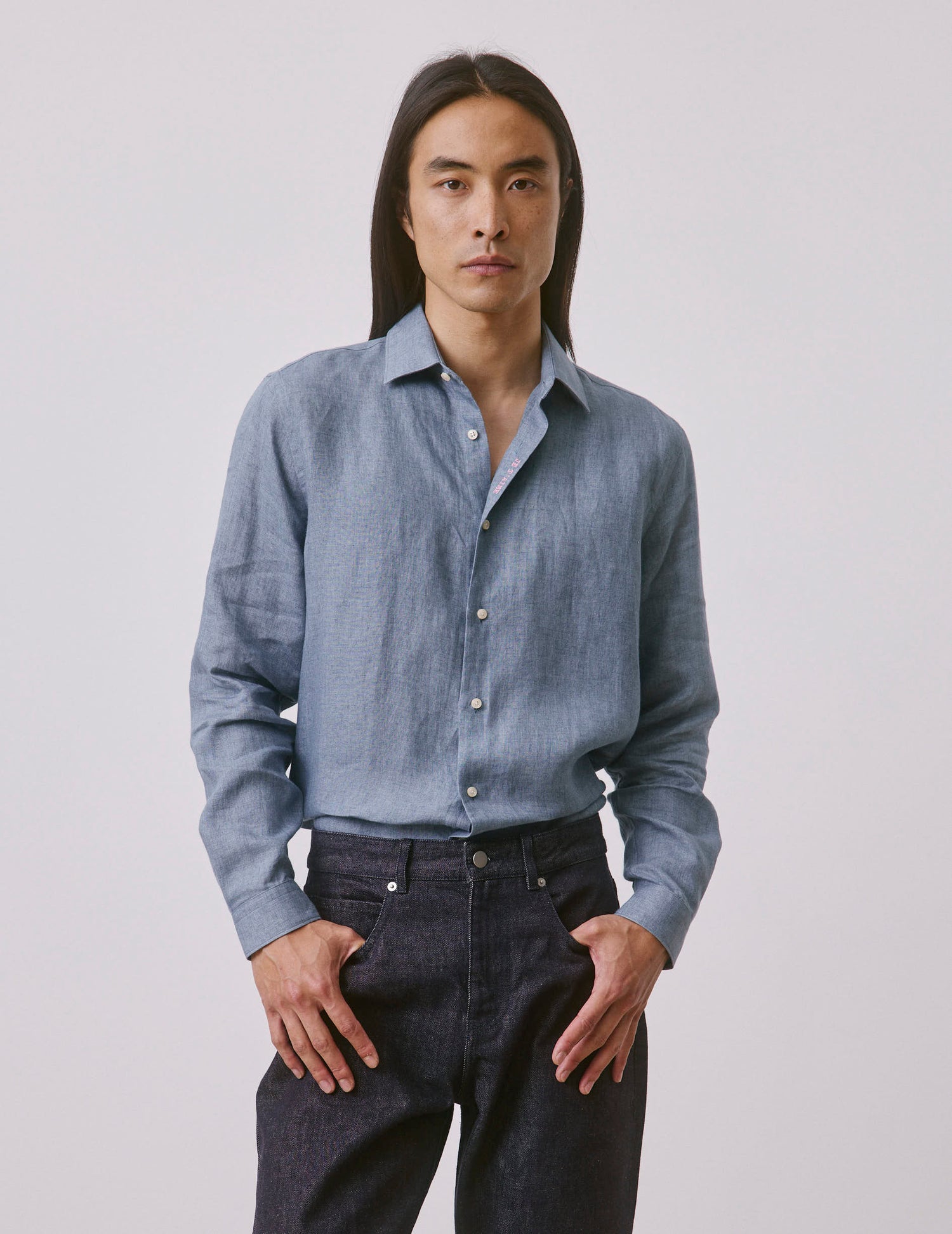 Unisex blue linen “Je t’aime” shirt - Linen - Figaret Collar#3