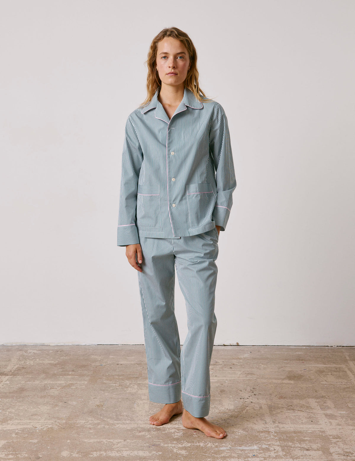 Green striped poplin Louise pajamas