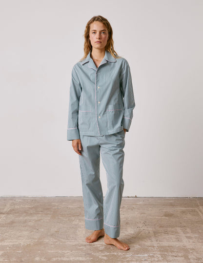 Green striped poplin Louise pajamas