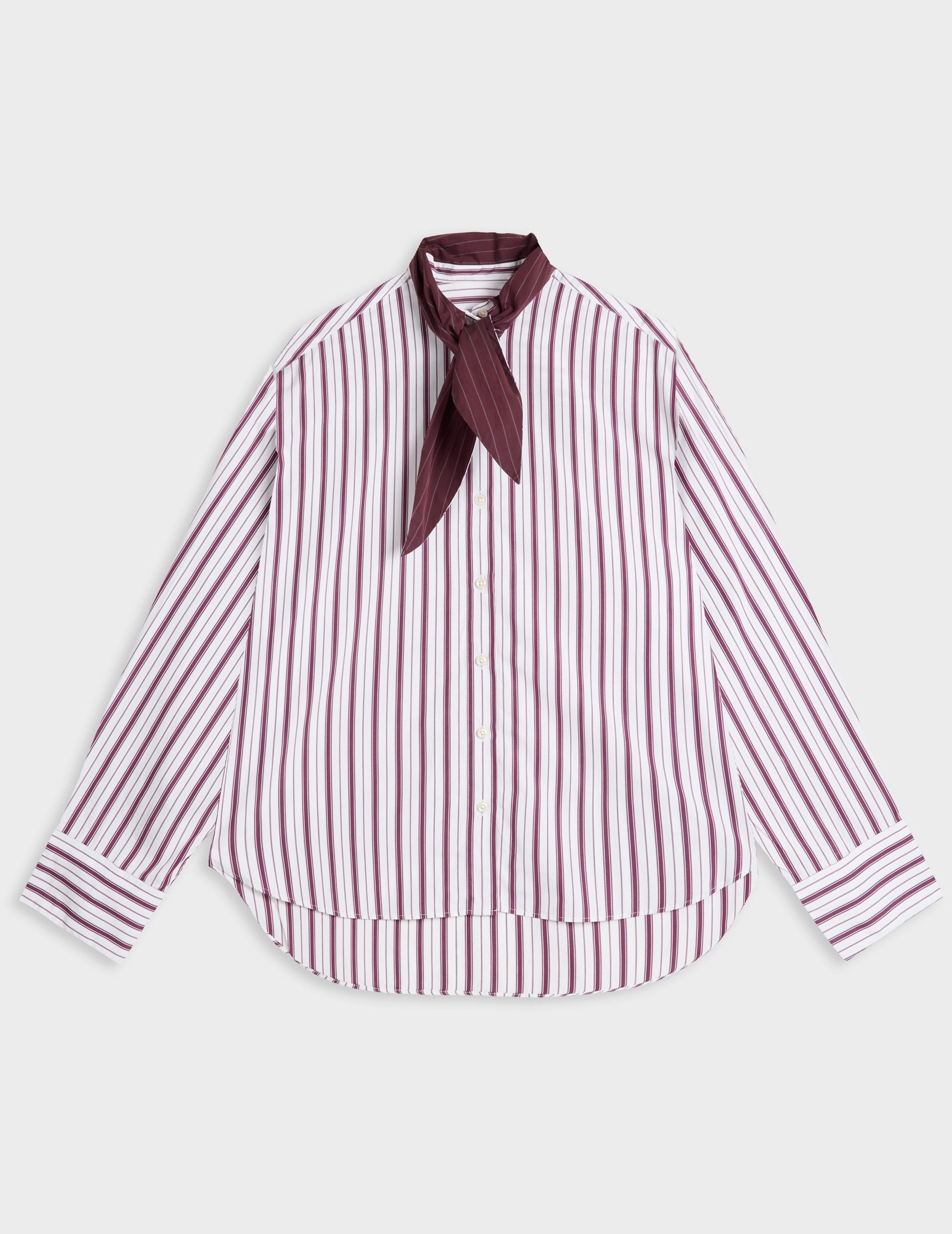 Burgundy striped Margaux shirt - Poplin - Lavallière tie Collar