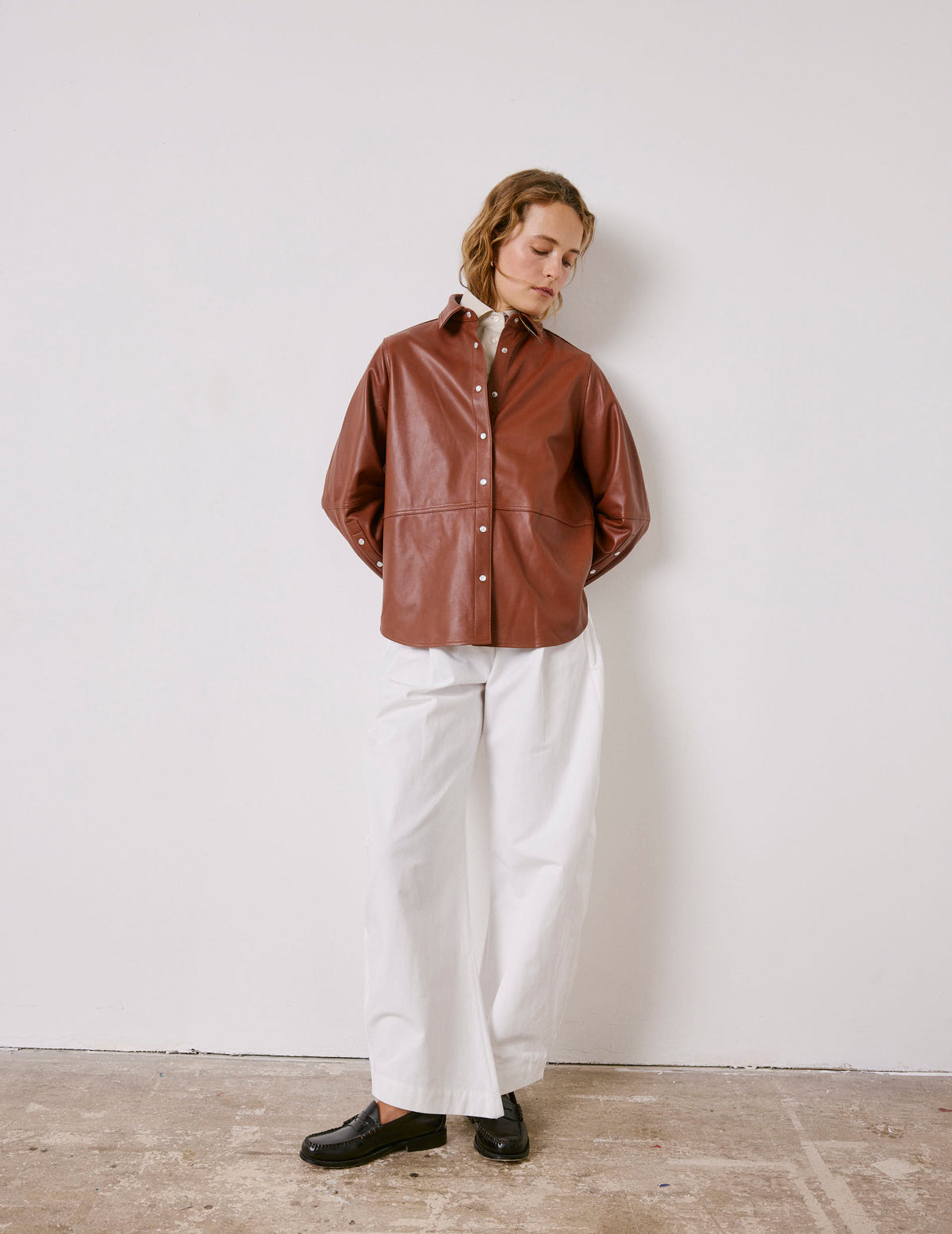 Camel leather Marylou overshirt - Leather - Shirt Collar