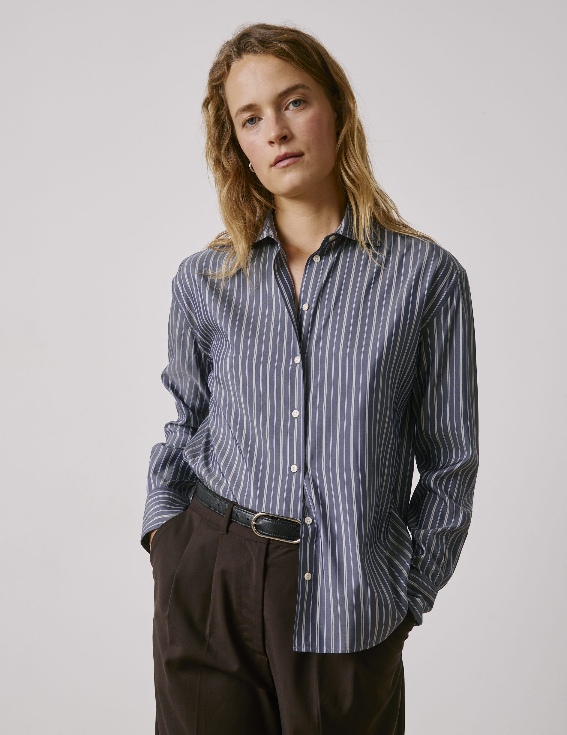 Navy striped Mélinda shirt - Silk - Italian Collar