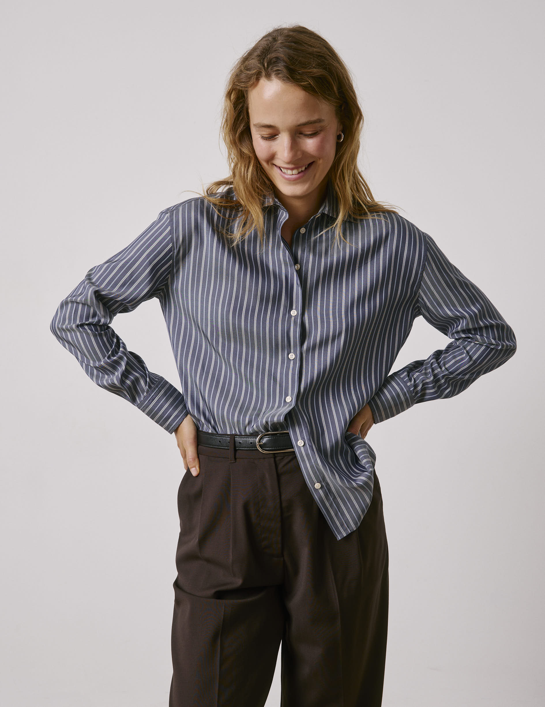 Navy striped Mélinda shirt - Silk - Italian Collar