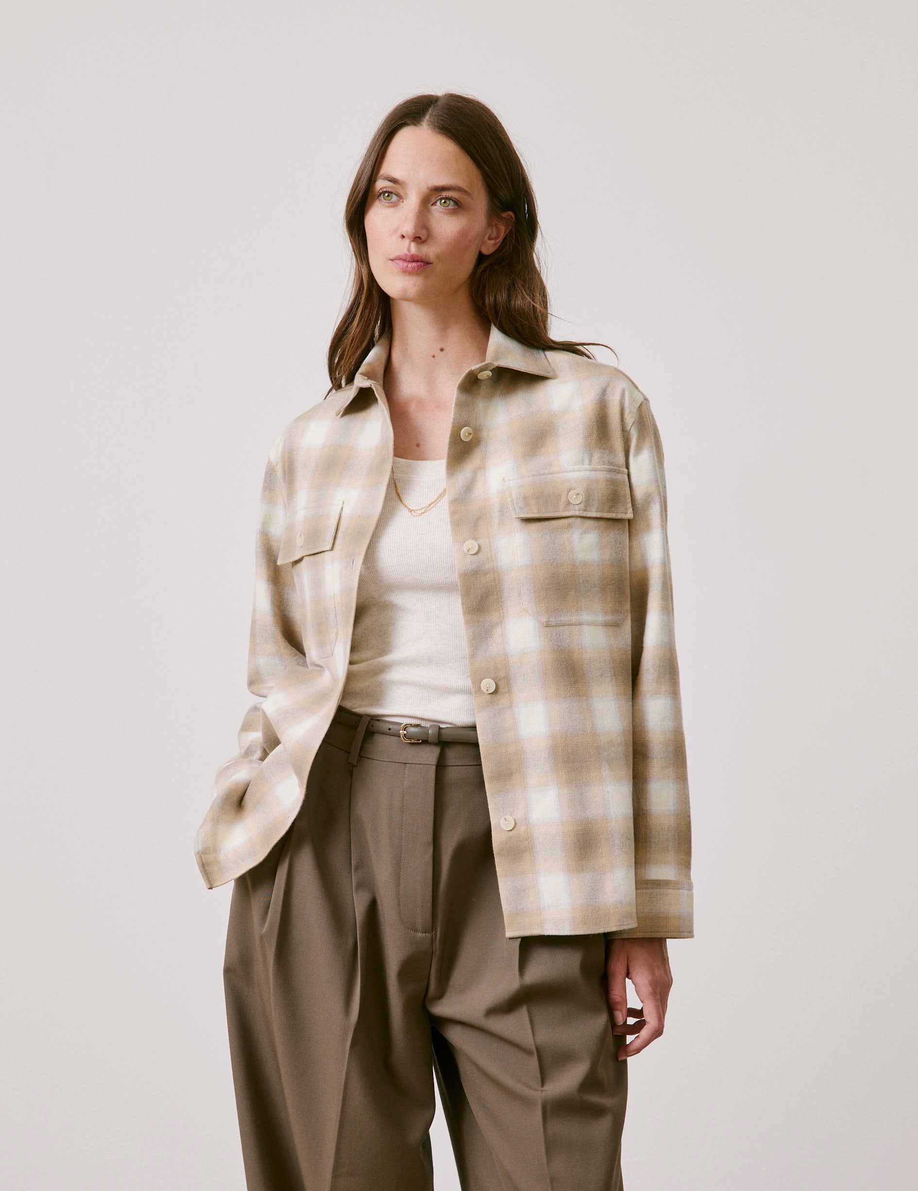 Beige check flannel Milena overshirt - Flannel - Shirt without collar stand Collar