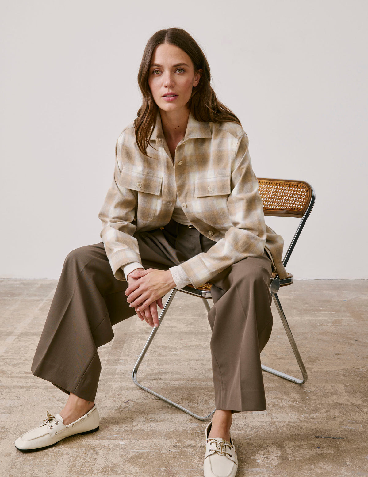 Beige check flannel Milena overshirt - Flannel - Shirt without collar stand Collar