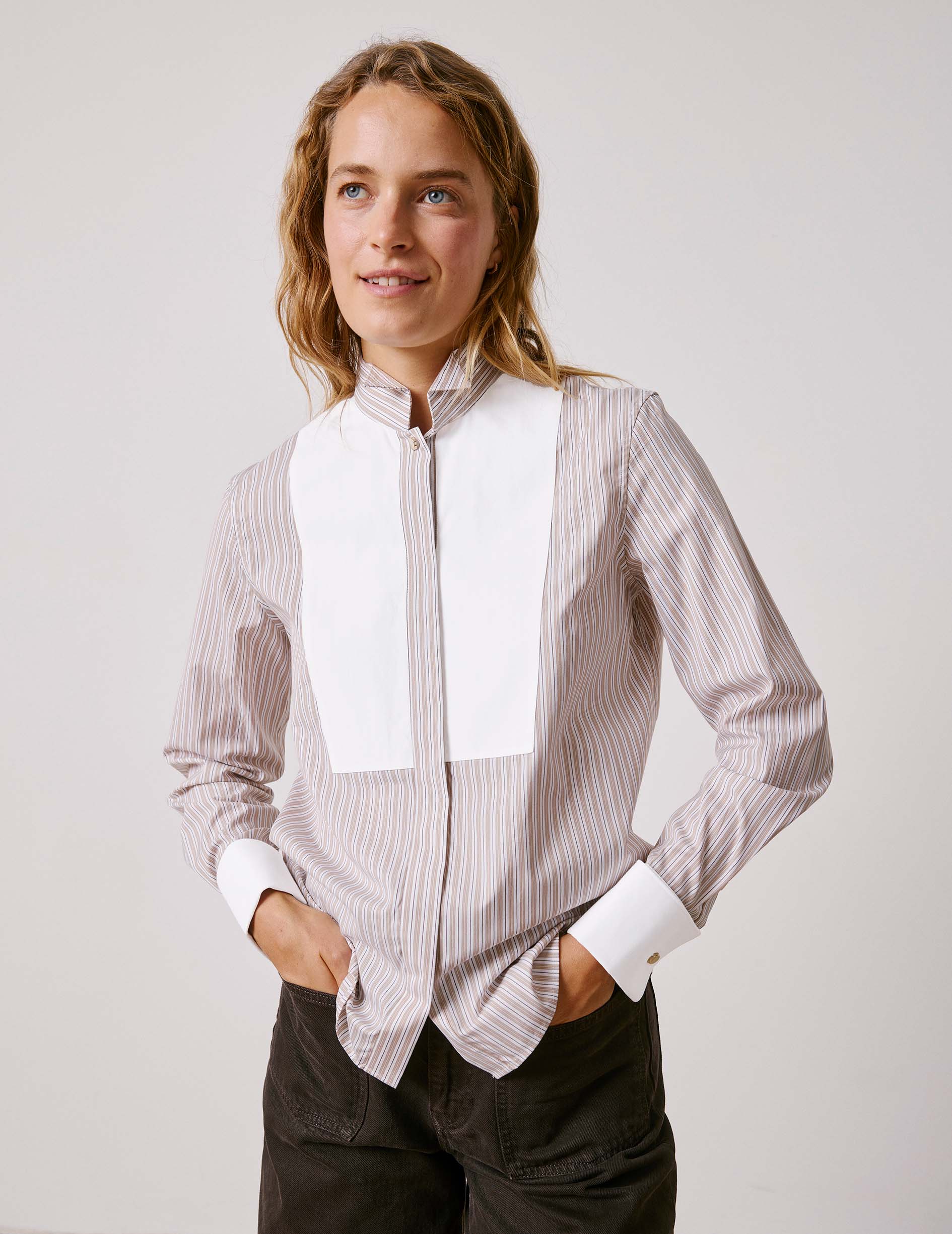 Beige striped Nadine shirt - Poplin - Broken Collar - Musketeers Cuffs