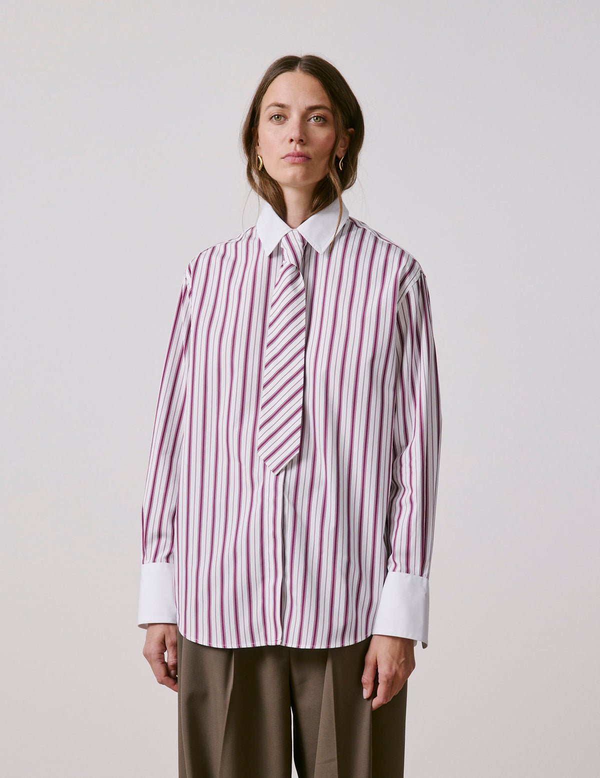 Burgundy striped Naéline shirt with removable tie - Poplin - Shirt Collar