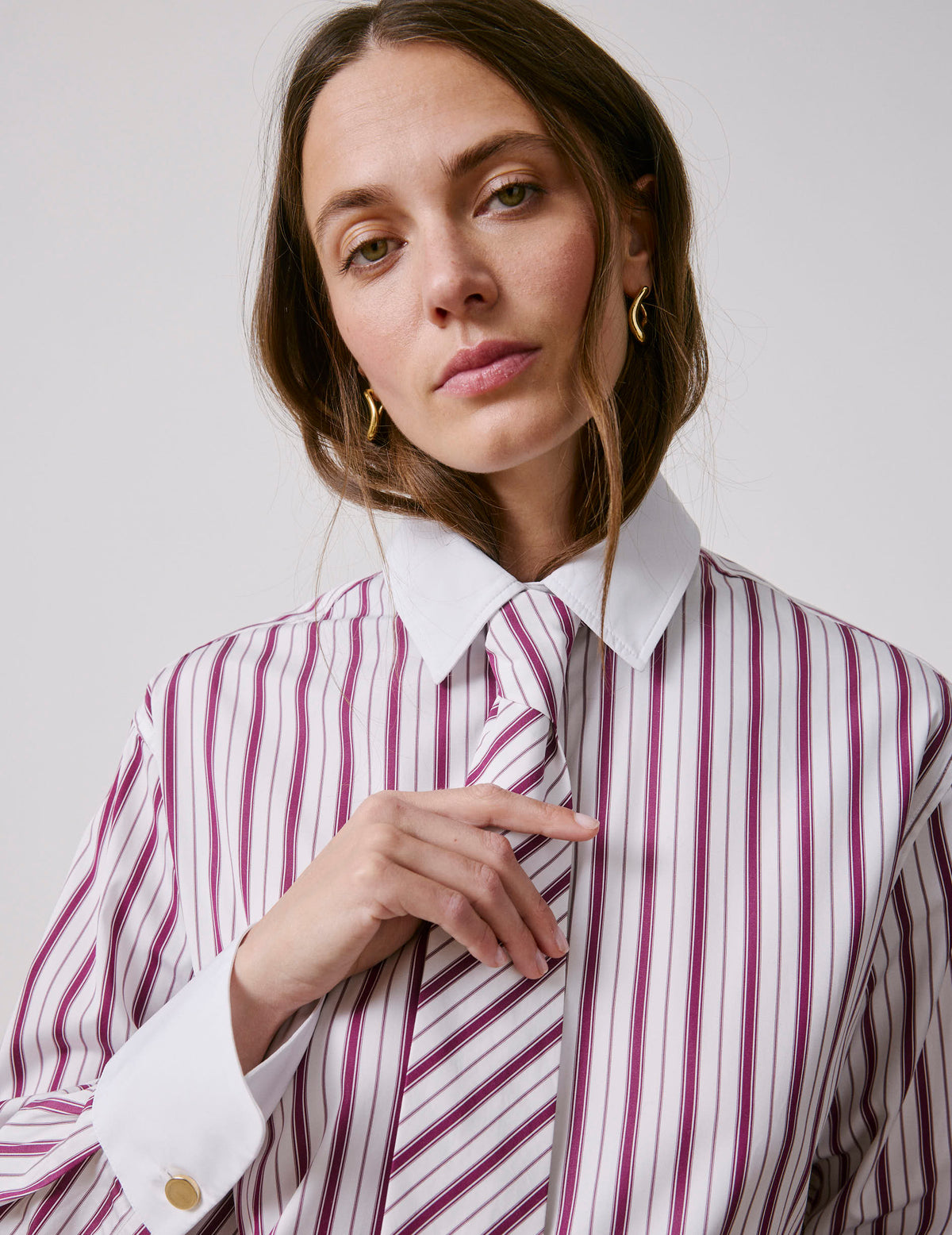 Burgundy striped Naéline shirt with removable tie - Poplin - Shirt Collar