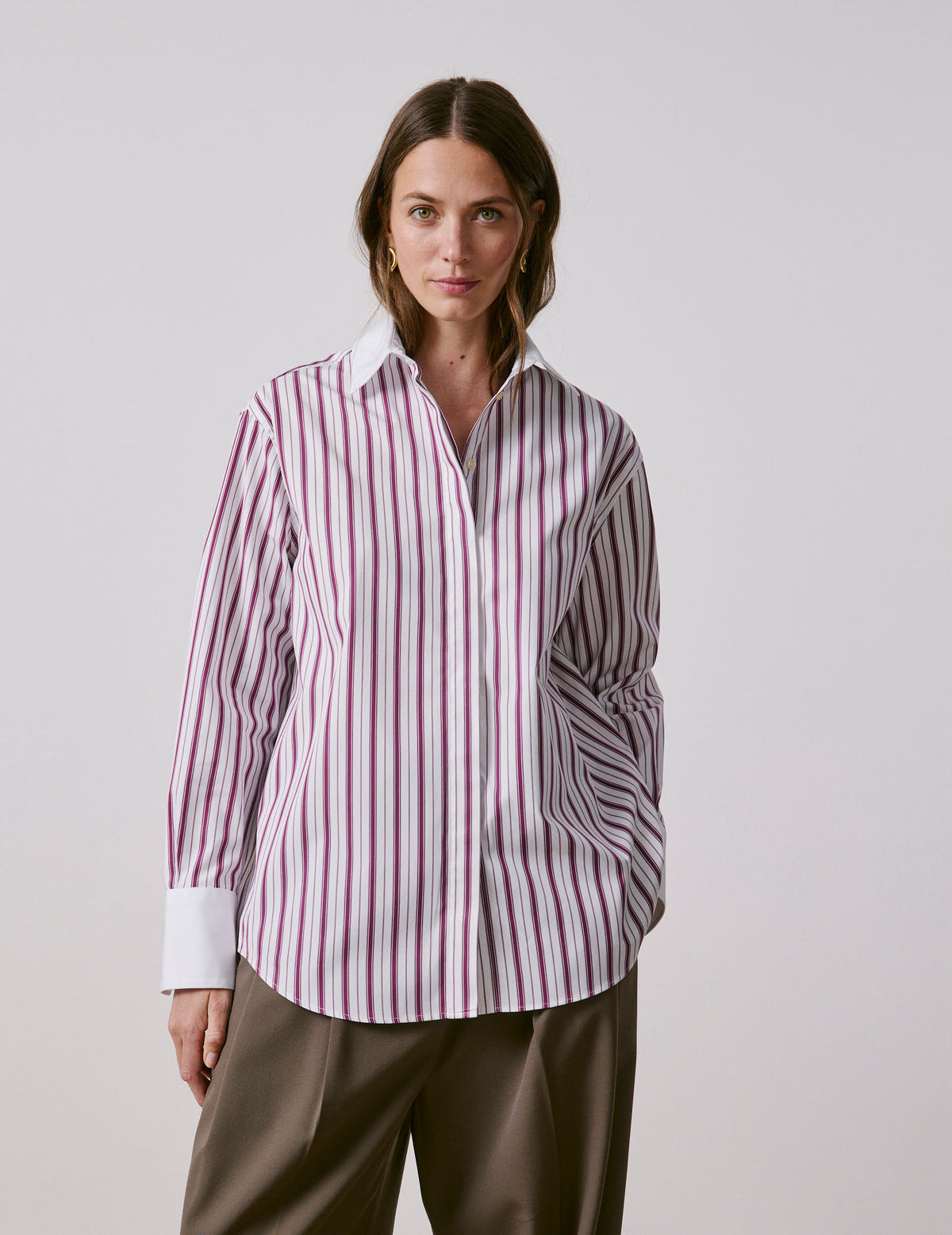 Burgundy striped Naéline shirt with removable tie - Poplin - Shirt Collar