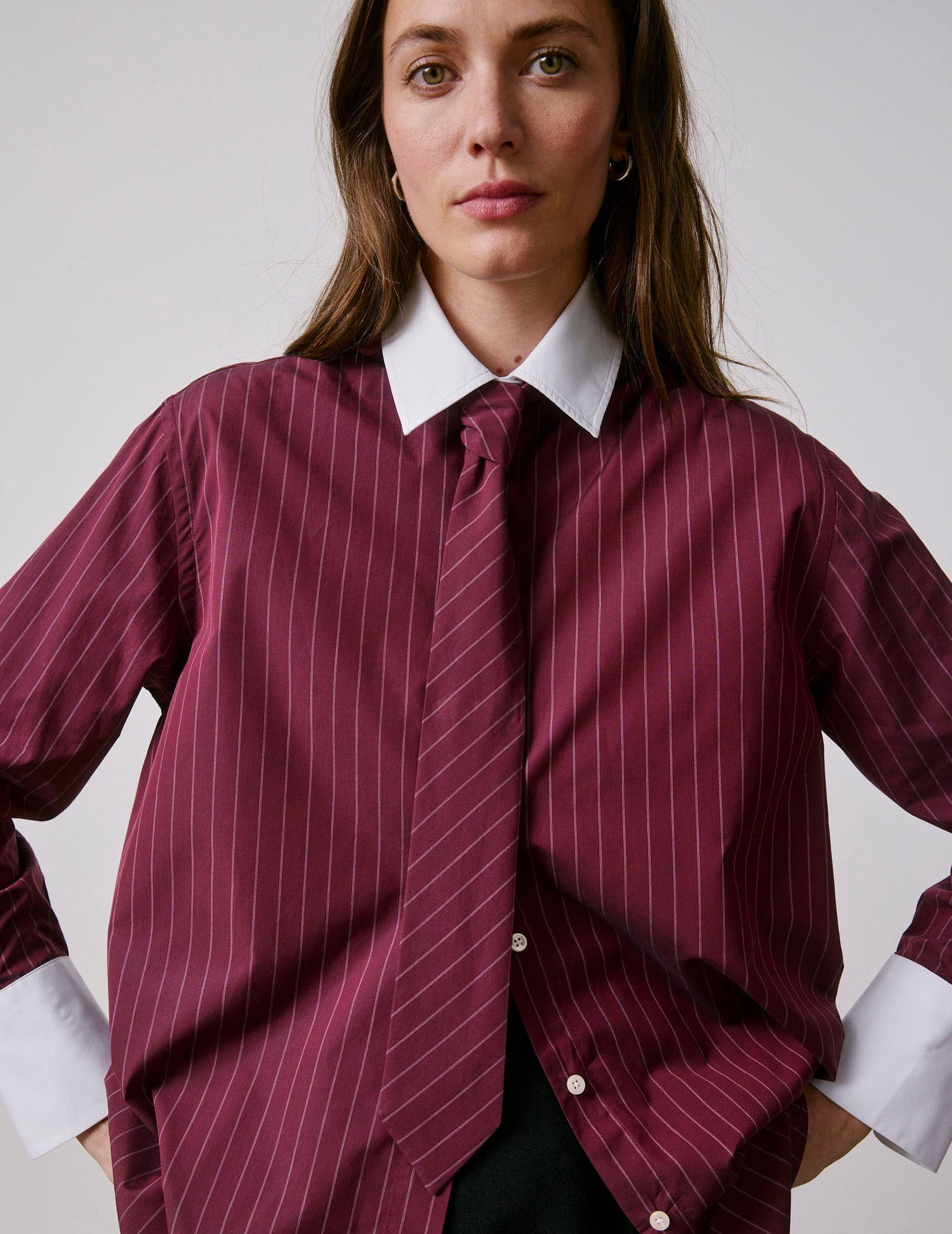 Burgundy striped Naéline shirt with removable tie - Poplin - Shirt Collar